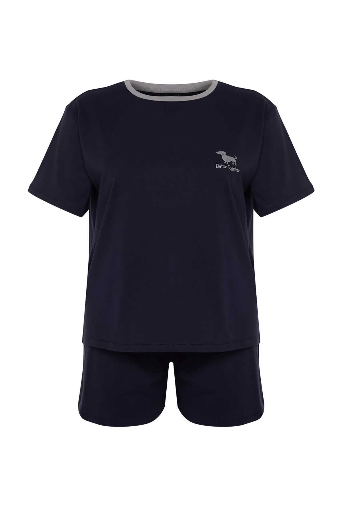 Trendyol Curve  Marineblaues, detailliertes gestricktes Paar-Pyjama-Set mit Stickerei TBBSS24AI00042