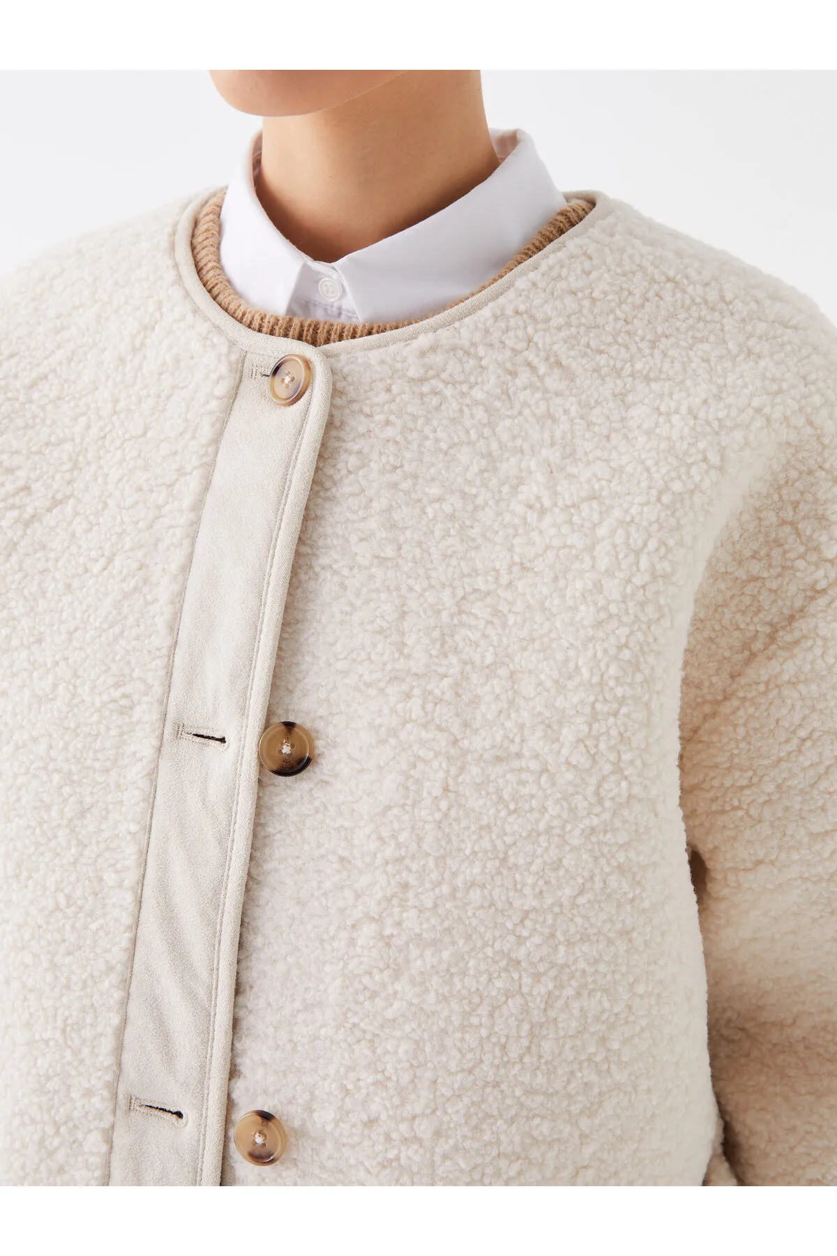 LC Waikiki  Einfarbiger Teddymantel mit Rundhalsausschnitt für Damen