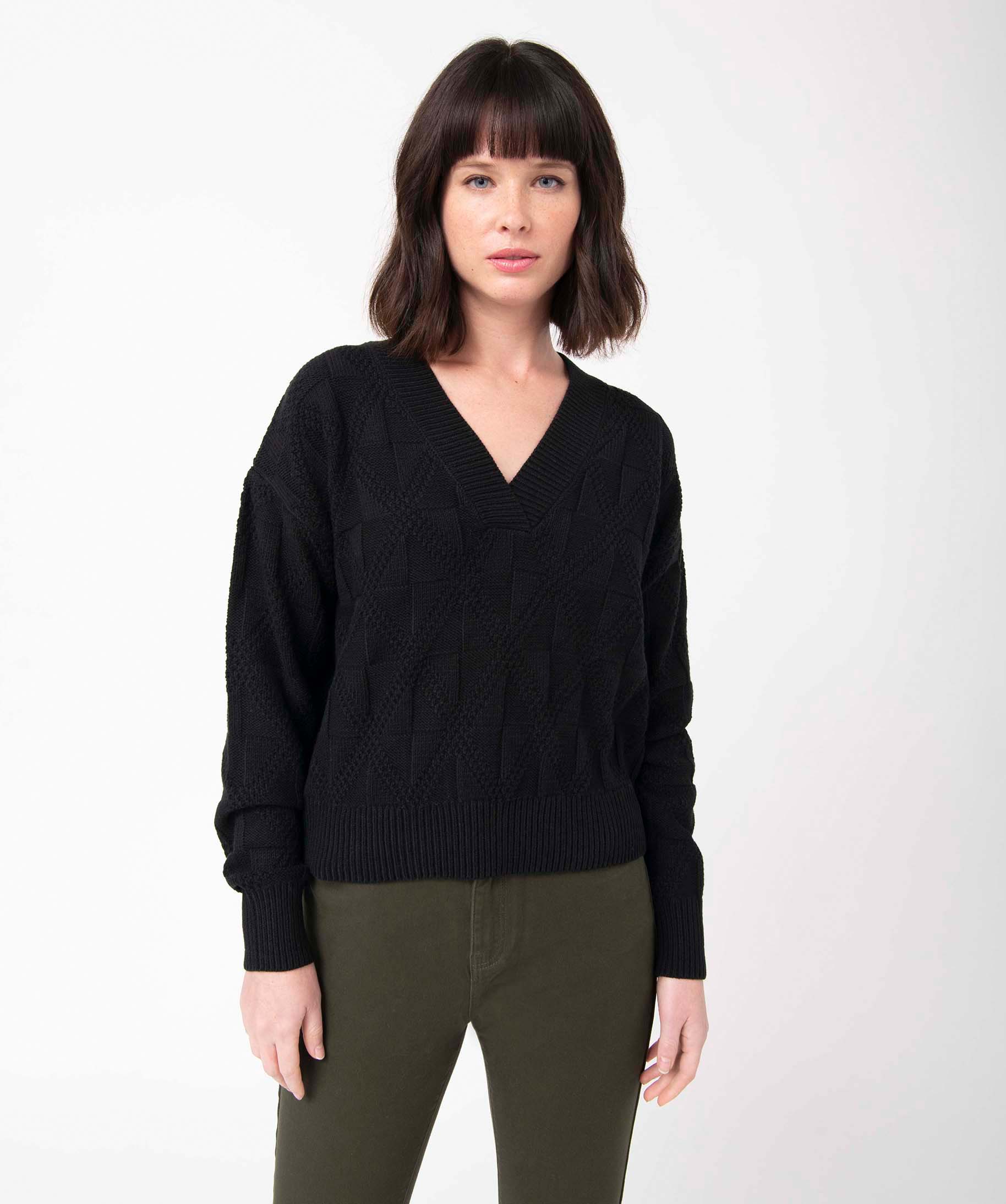 Pull femme court à col V en maille fantaisie noir | GEMO