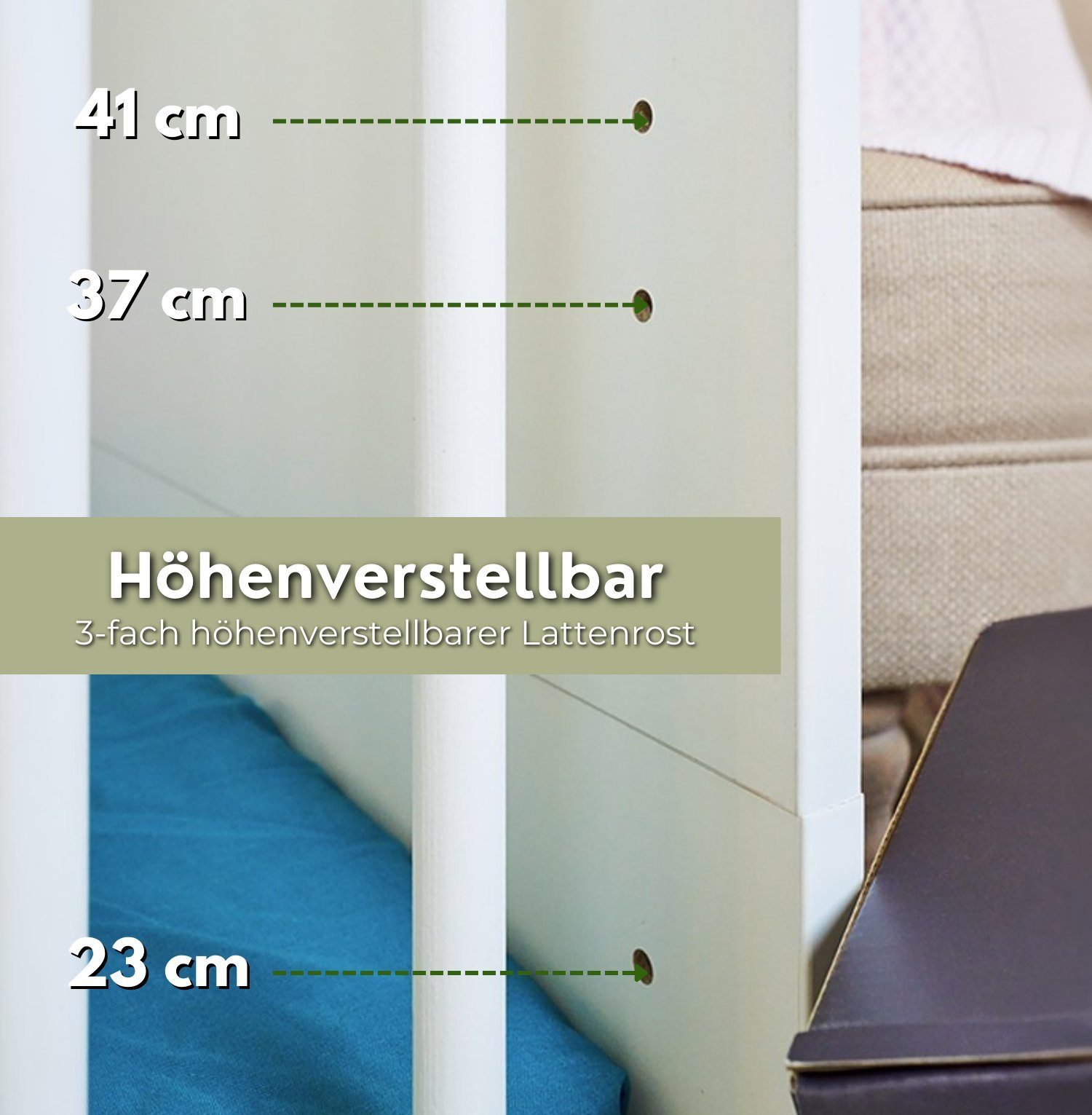 Alavya Home® Babybett STORM I Kinderbett Umbaubares Gitterbett höhenverstellbar, Babybett 60x120 cm inkl. Lattenrost mit herausnehmbare Sprossen