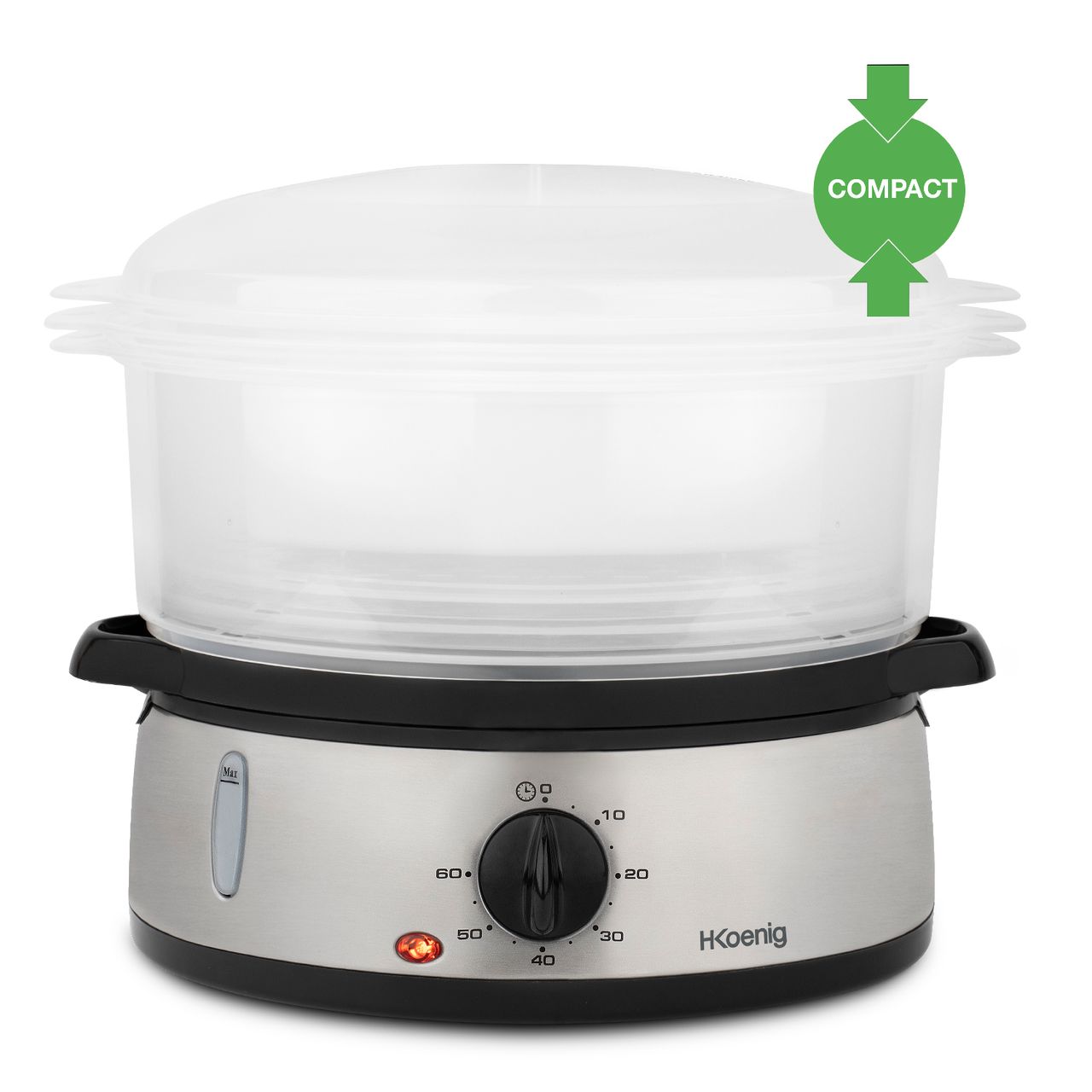 H.Koenig Elektrischer Dampfgarer VAP10 / Multifunktional, programmierbar, Kompakt, Professionell / 3 herausnehmbare stapelbare Schalen für Eier, Gemüse, Reis / 60 Min. Timer / Silber / 9L / 800 W
