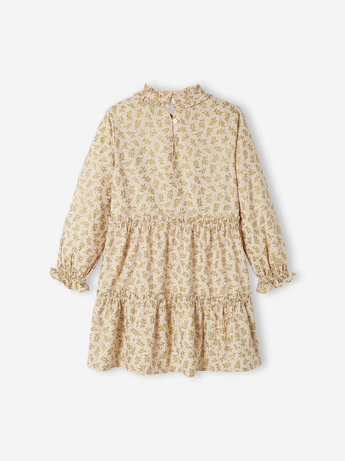 Robe de fête à volants fille motifs houx beige poudré