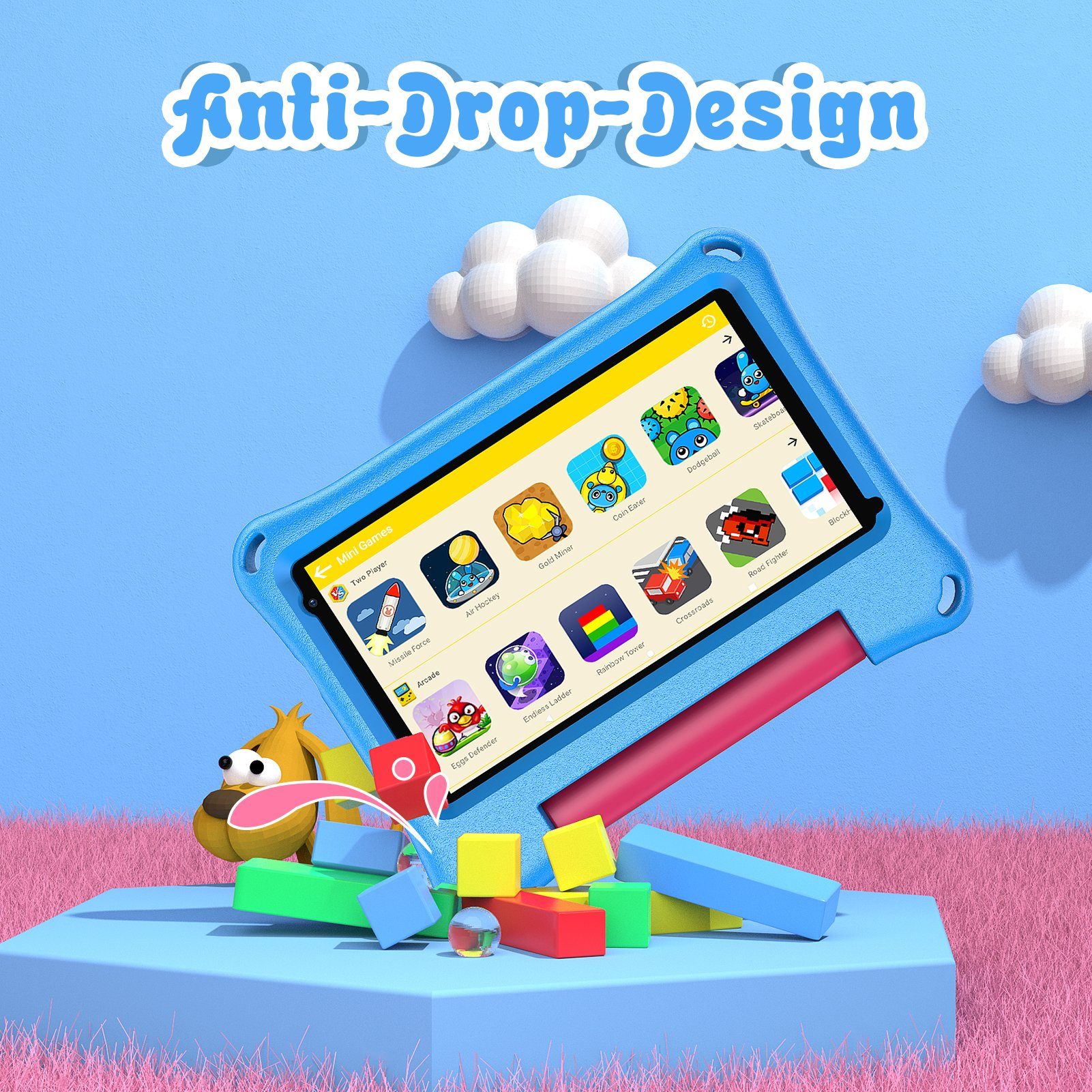 Ulife Lerntablet VASOUN M7 Kids, für Kinder ab 2 Jahren, 7 Zoll, Dual-Kamera, mit Halterung, fallfest, Augenschutz, System der elterlichen Kontrolle