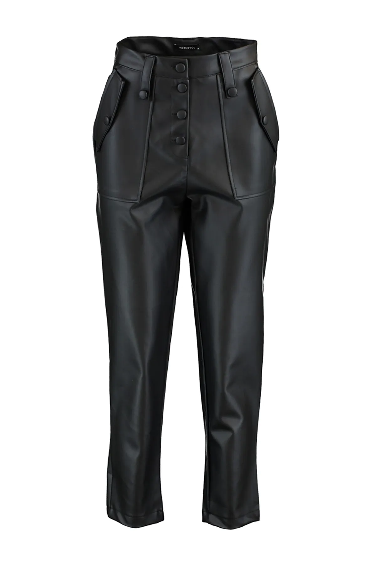 Trendyol Collection  Schwarze Karottenhose aus Kunstleder mit gewebter Vorderseite und Knöpfen TWOAW22PL0083
