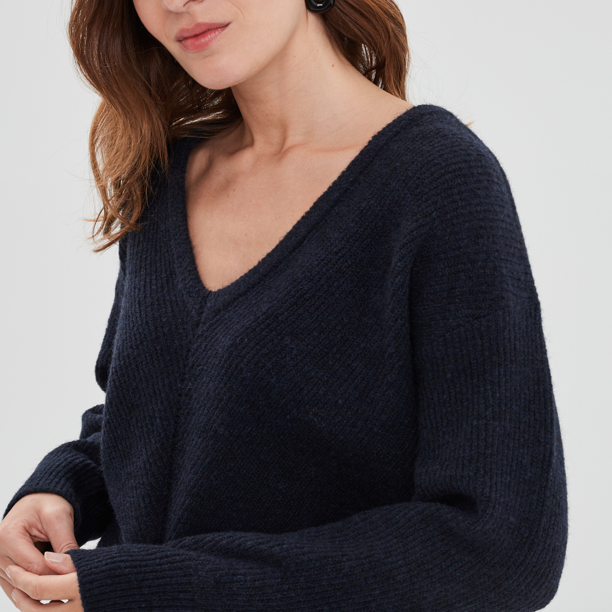 Pull réversible dos col en V bleu foncé femme | La Halle