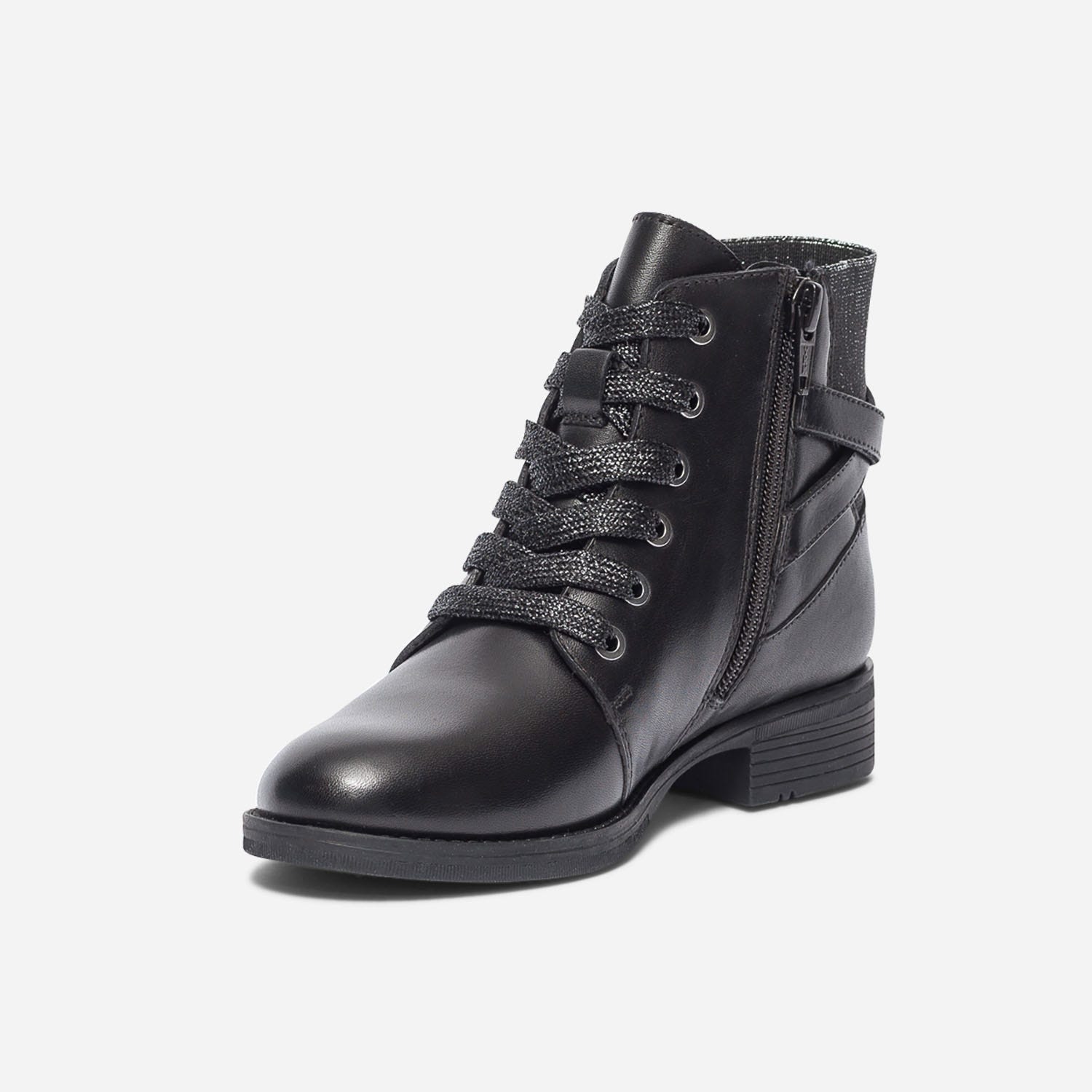 Bottine noire en cuir à élastique et lacet pailletés