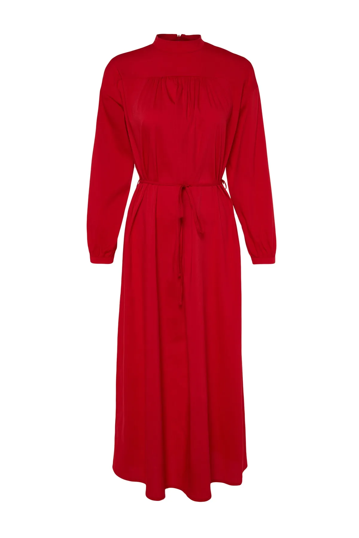 Trendyol Modest  Rotes, gewebtes Kleid mit weitem Schnitt, Gürtel und Raffung TCTSS23EB00281