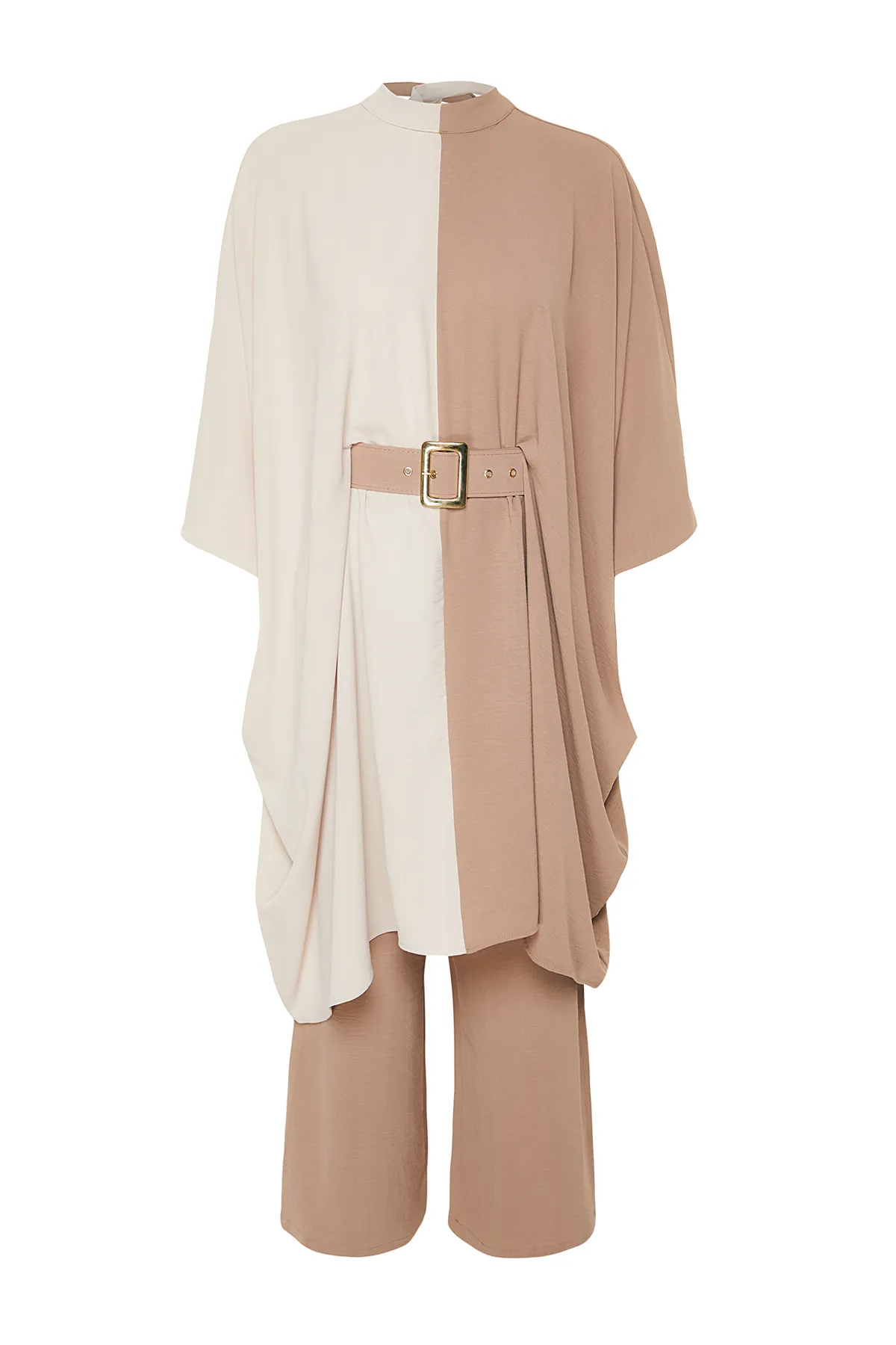 Trendyol Modest  Nerzfarbener Farbblock-Tunika-Hosen-Webanzug mit Taillengürtel TCTSS23US00046
