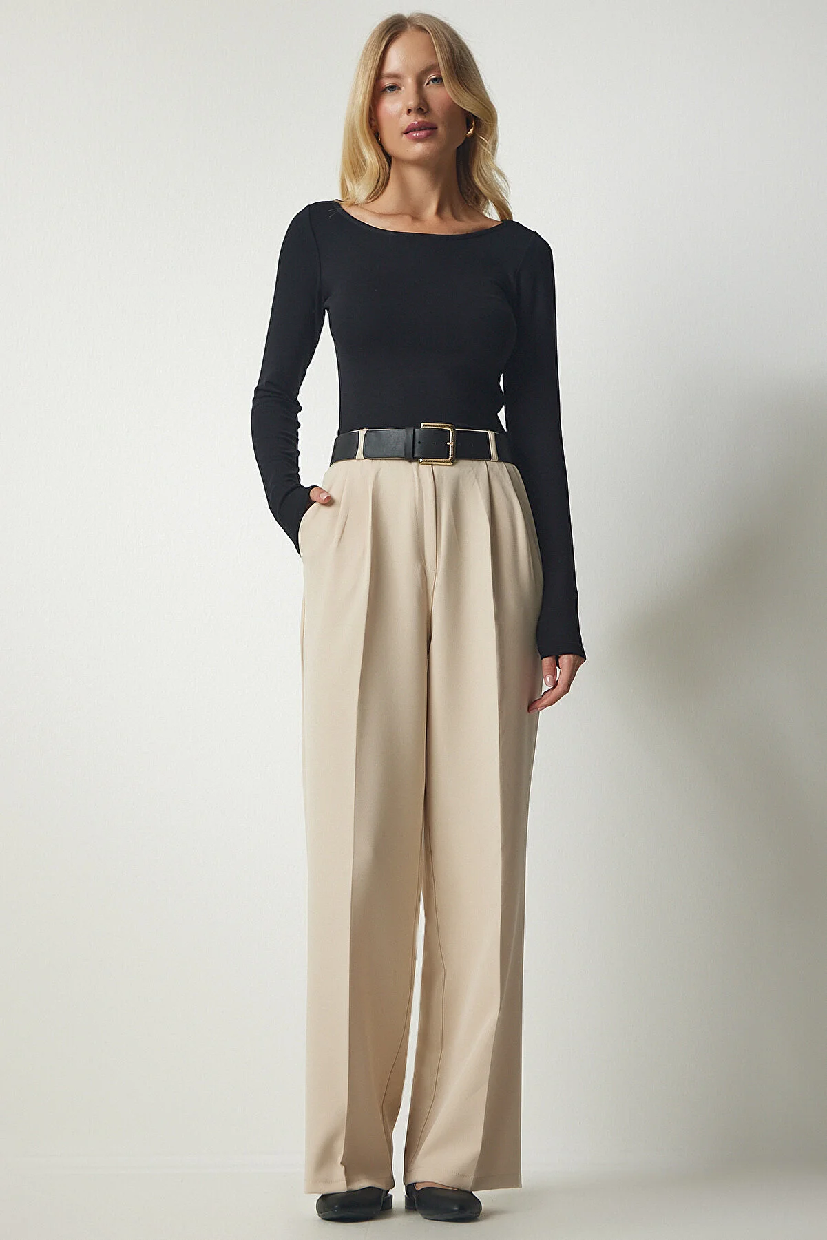 Happiness İstanbul  Damen-Palazzo-Hose mit cremefarbenen Taschen, DW00001