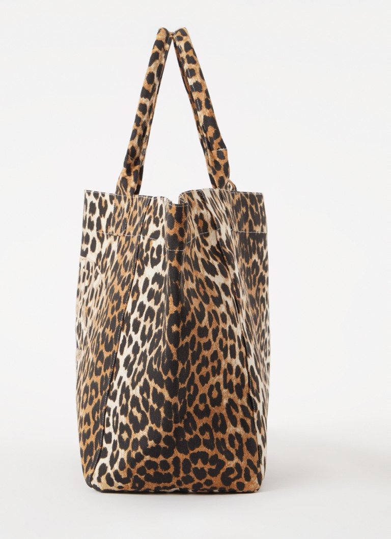 Plátěná shopperka Ganni XXL s leopardím potiskem a výšivkou loga