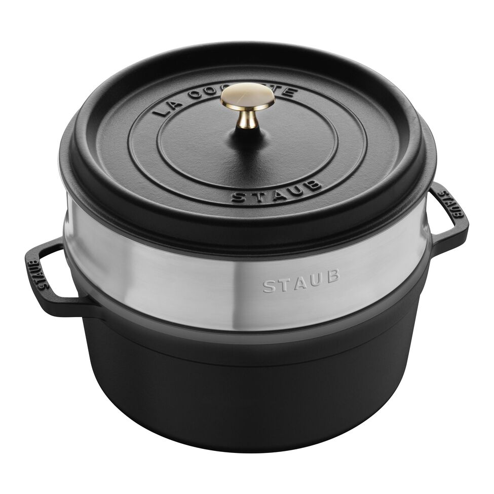Cocotte mit Dämpfeinsatz 26 cm, rund, Schwarz, Gusseisen