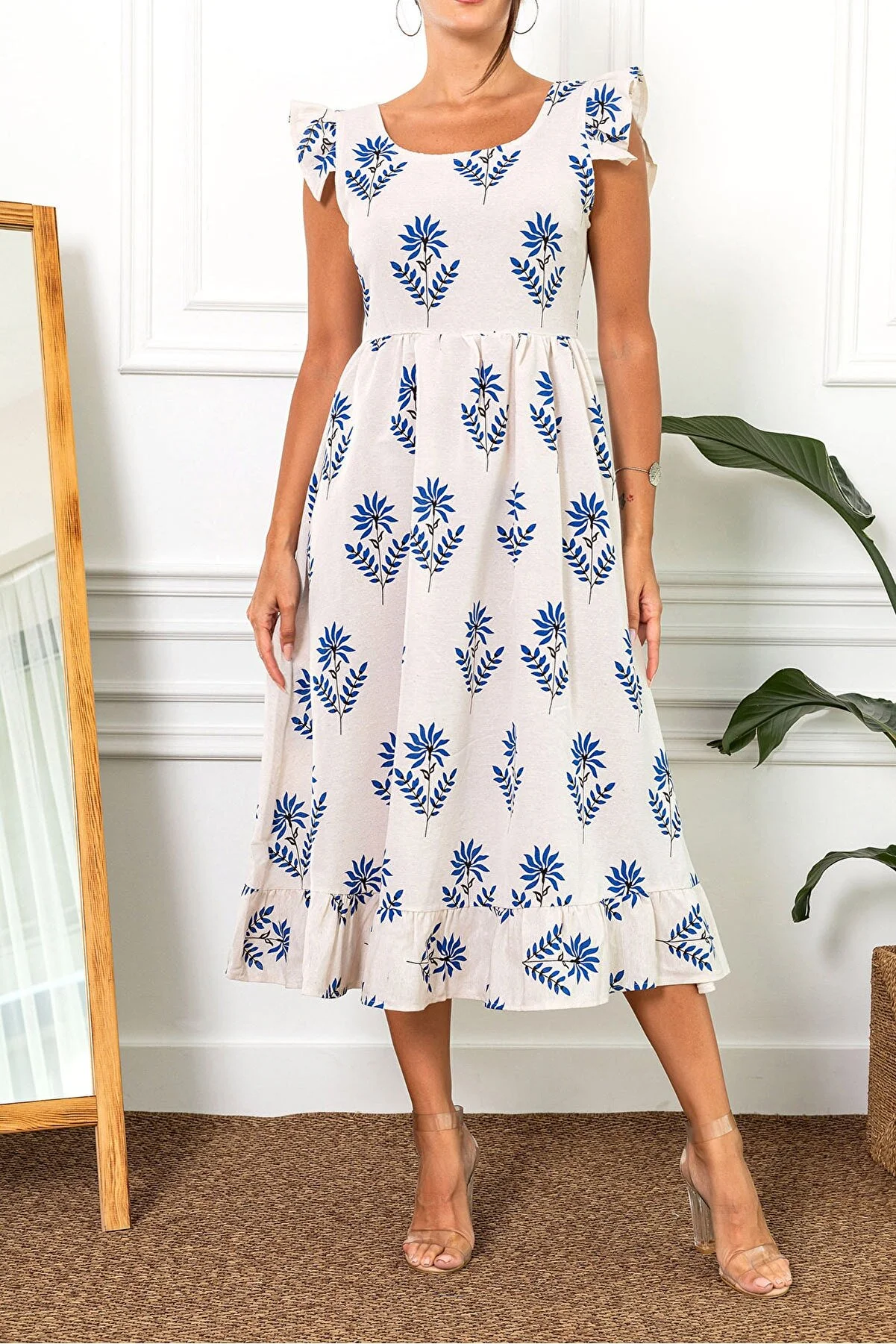 armonika  Langes Damenkleid mit Saxärmeln, Rüschen am Rücken und Reißverschluss ARM-23Y001114