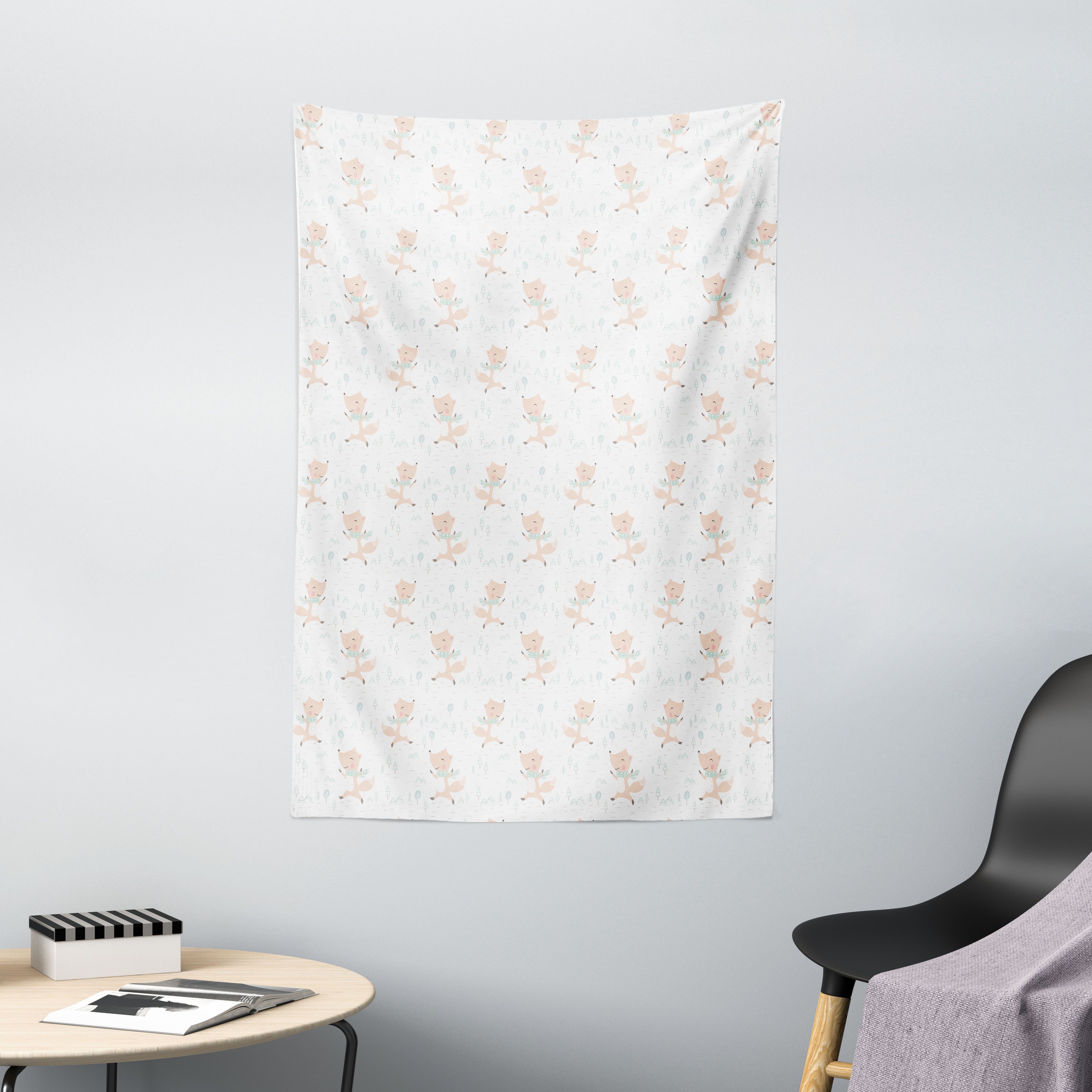 Wandteppich Wohnzimmer Schlafzimmer Wandtuch Seidiges Satin Wandteppich, Abakuhaus, rechteckig, Weihnachten Glückliche Füchse tragender Schal