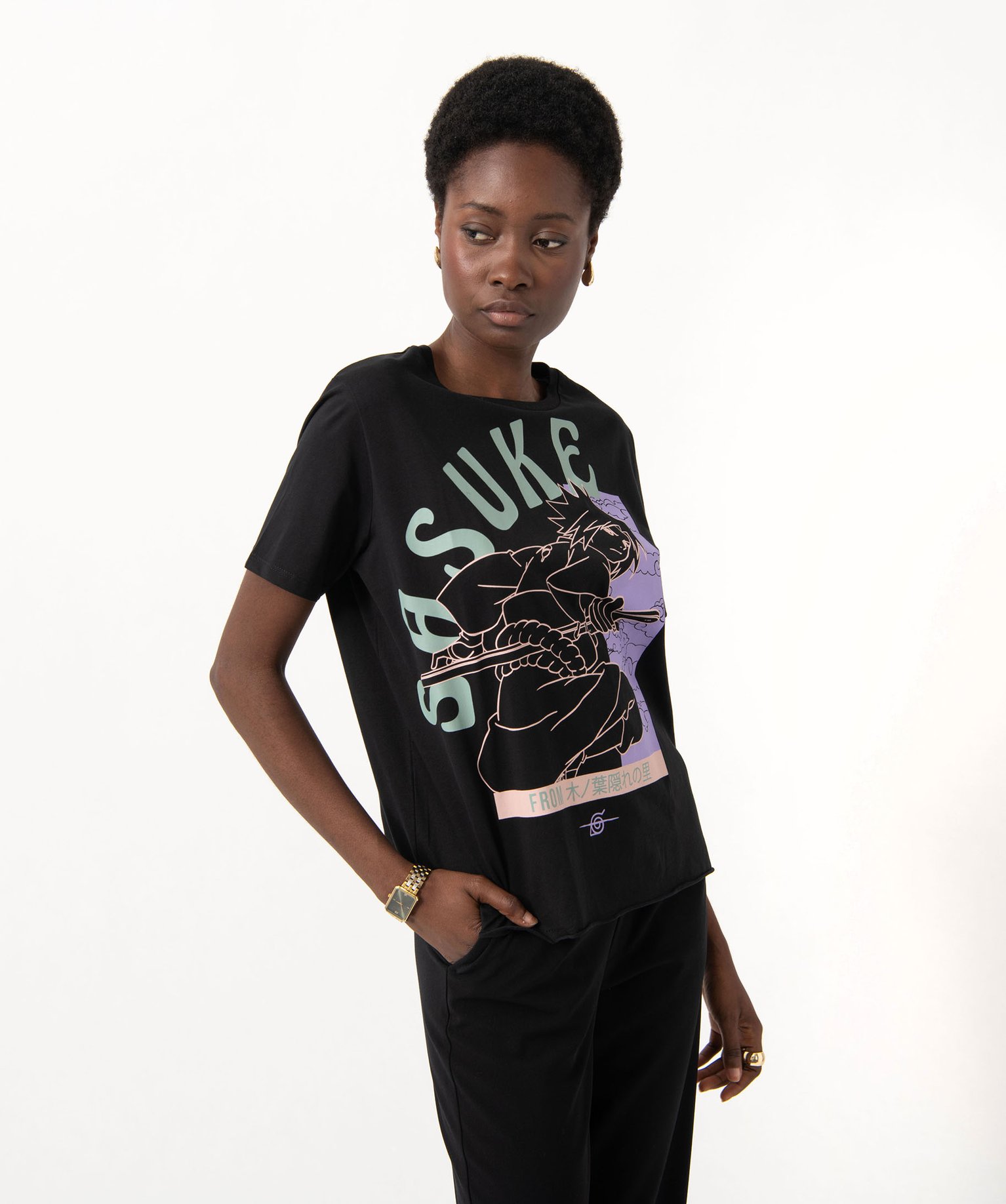 Tee-shirt à manches courtes avec motif manga femme - Naruto noir | GEMO