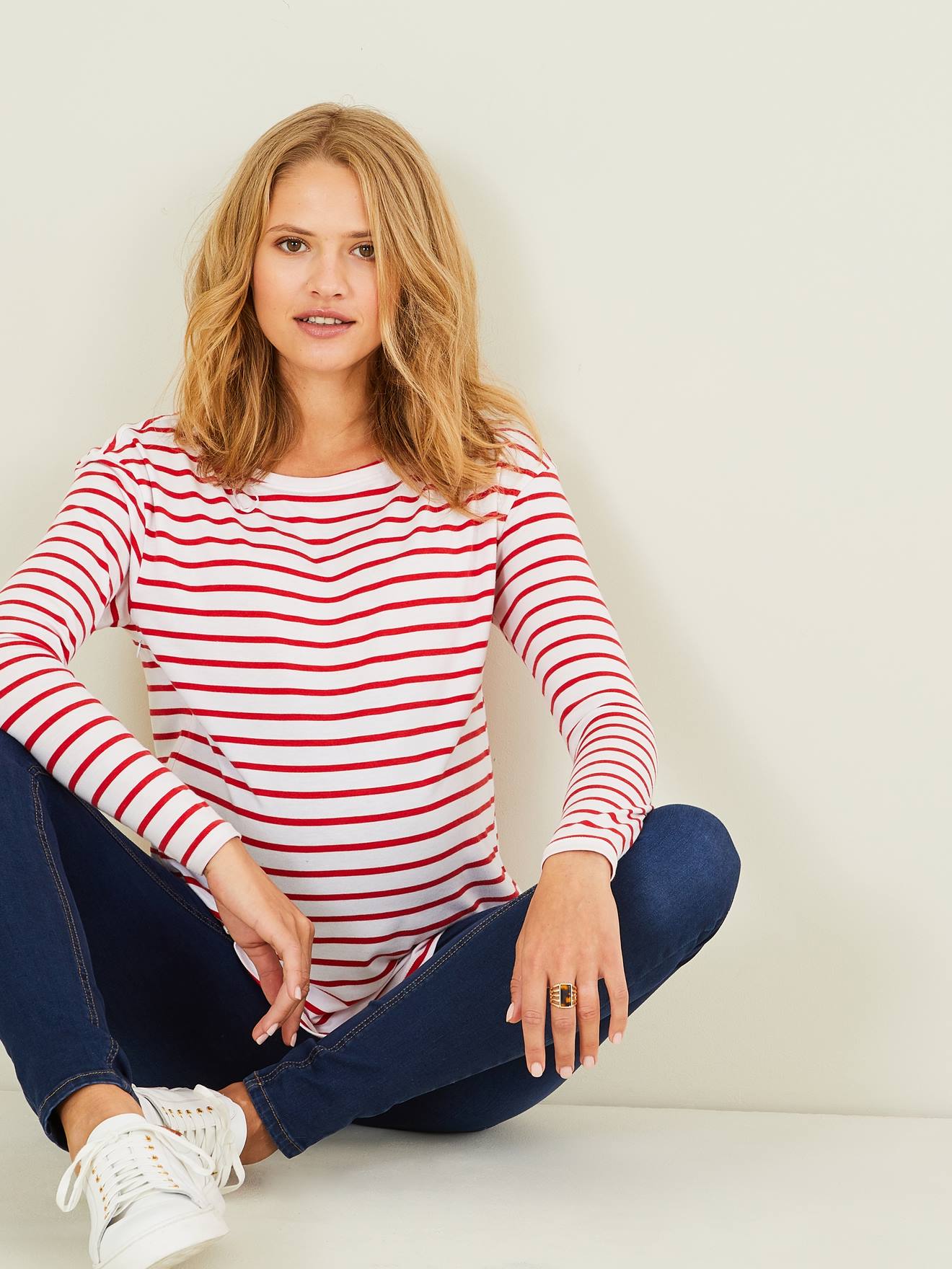 T-shirt marinière de grossesse et d'allaitement blanc clair rayé marine