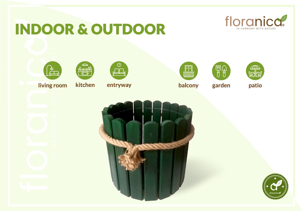 Pemicont Floranica Runder Blumentopf aus Holz 33x20cm Grün Imprägnierte Kiefer Schutzhülle für Kräuter Blumen Haus- und Gartendekoration Truhe Innen- und Außeneinsatz EU-Produkt