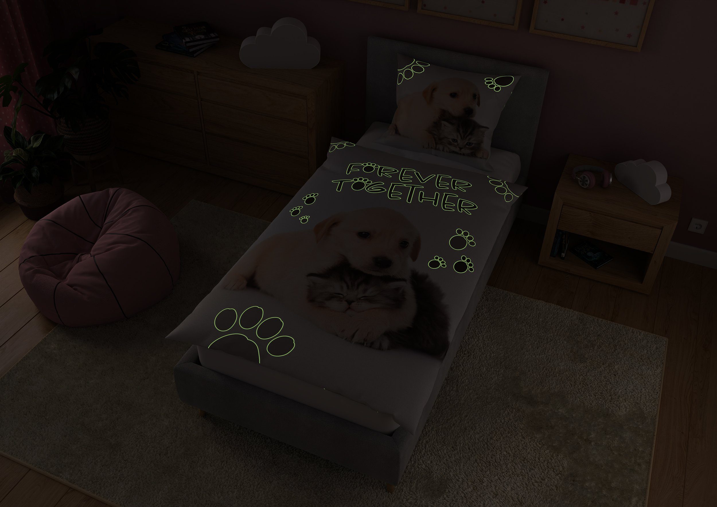 Kinderbettwäsche Leuchtende Bettwäsche 135x200 Kinder Bettwäsche Tiere + 10 SPIELE, Carpe Sonno, Baumwolle, 2 teilig, GLOW IN THE DARK Tier Bettwäsche Hund Katze