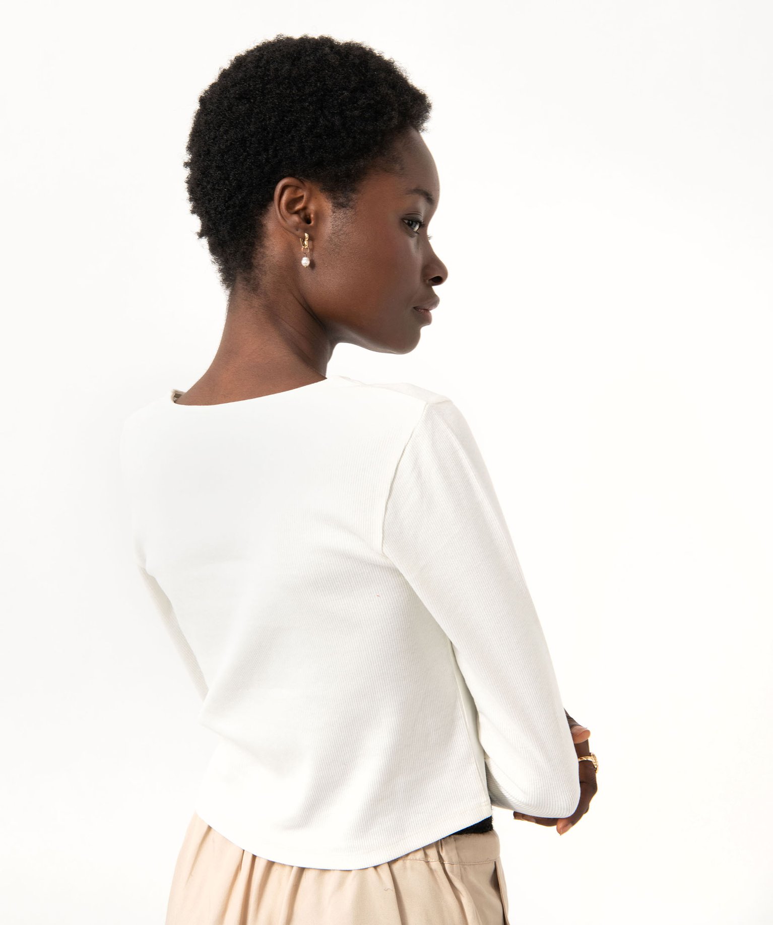 Tee-shirt court à manches longues en maille ctelée femme ecru | GEMO