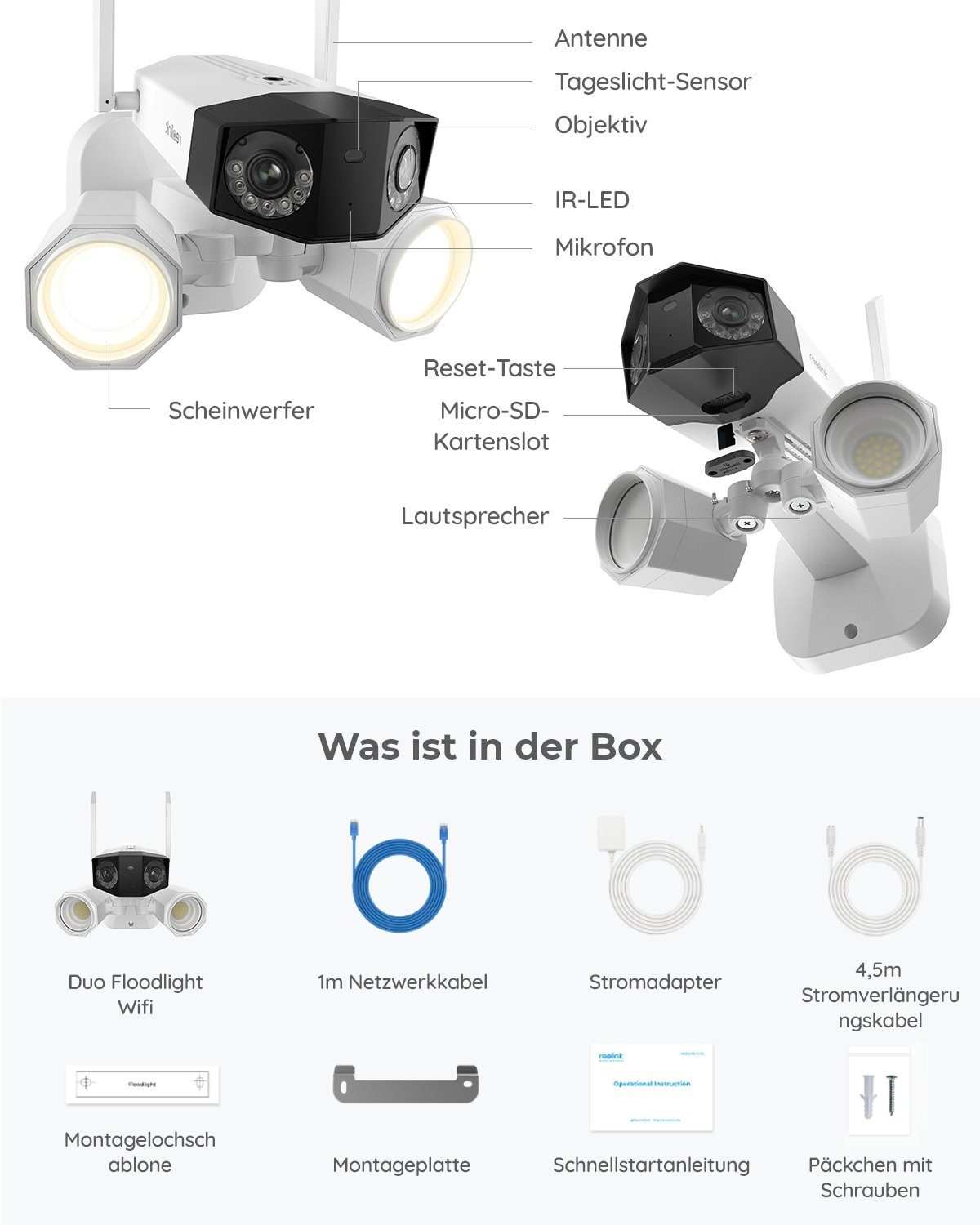 Reolink 8MP UHD Duo-Serie Floodlight WLAN Überwachungskamera (Außenbereich, Dual-Objektiv, 180° Panorama-Weitwinkel, 5 GHz/2,4 GHz)