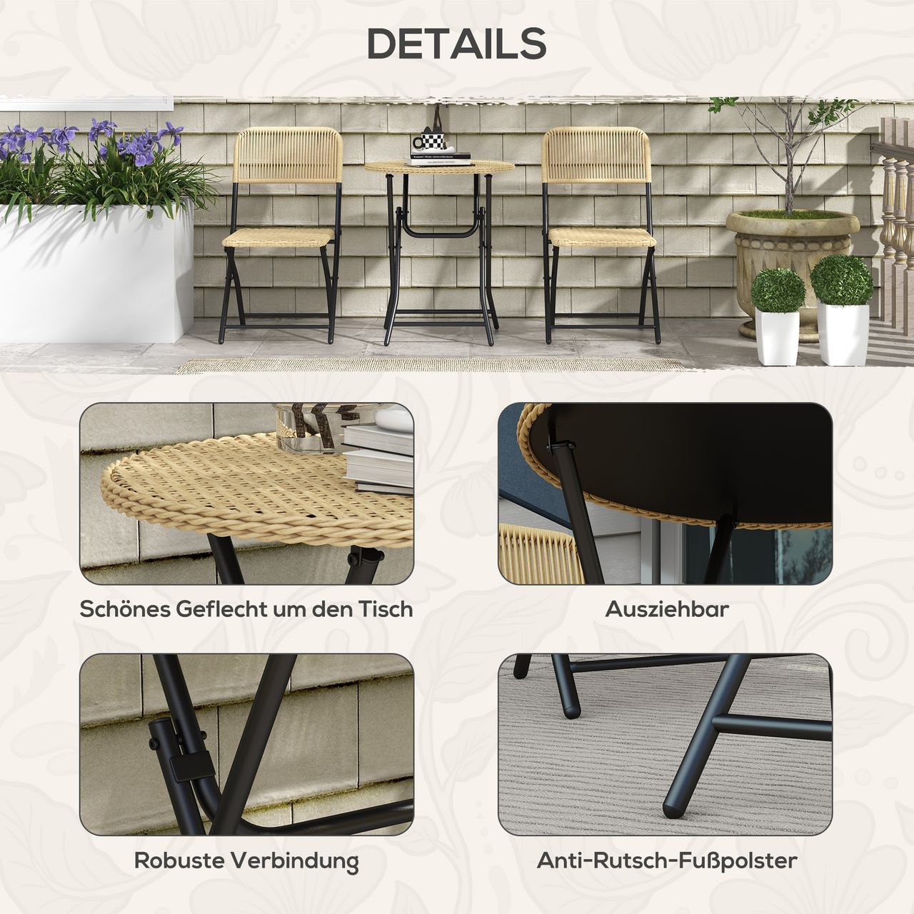 Outsunny Bistro-Set Rattanoptik 2 Stühle Beistelltisch Balkon-Sitzgarnitur Gelb