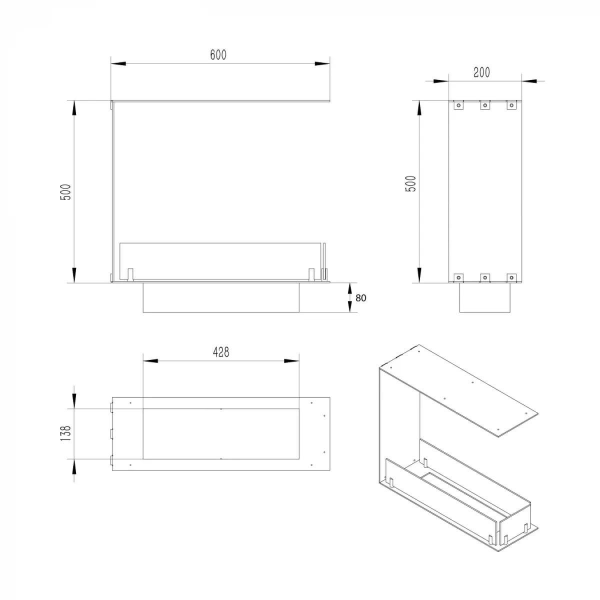 Foco Foco Raumteiler 600 Slim, Schwarz, 60x50x20 cm, Bioethanol-Einbaukamin, manueller Brenner, 7,5 Stunden Brenndauer, 2,4 kW.