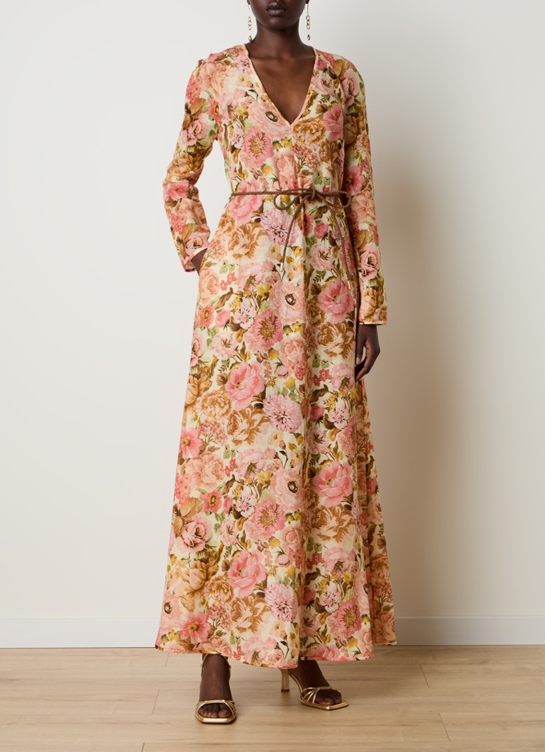 Zimmermann Golden Plunge linen maxi dress with floral print