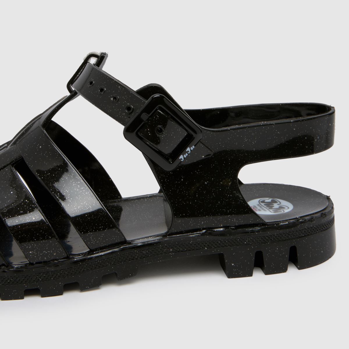 JUJU JELLIES – Svarta, flerfärgade maxi-sandaler med platta remmar