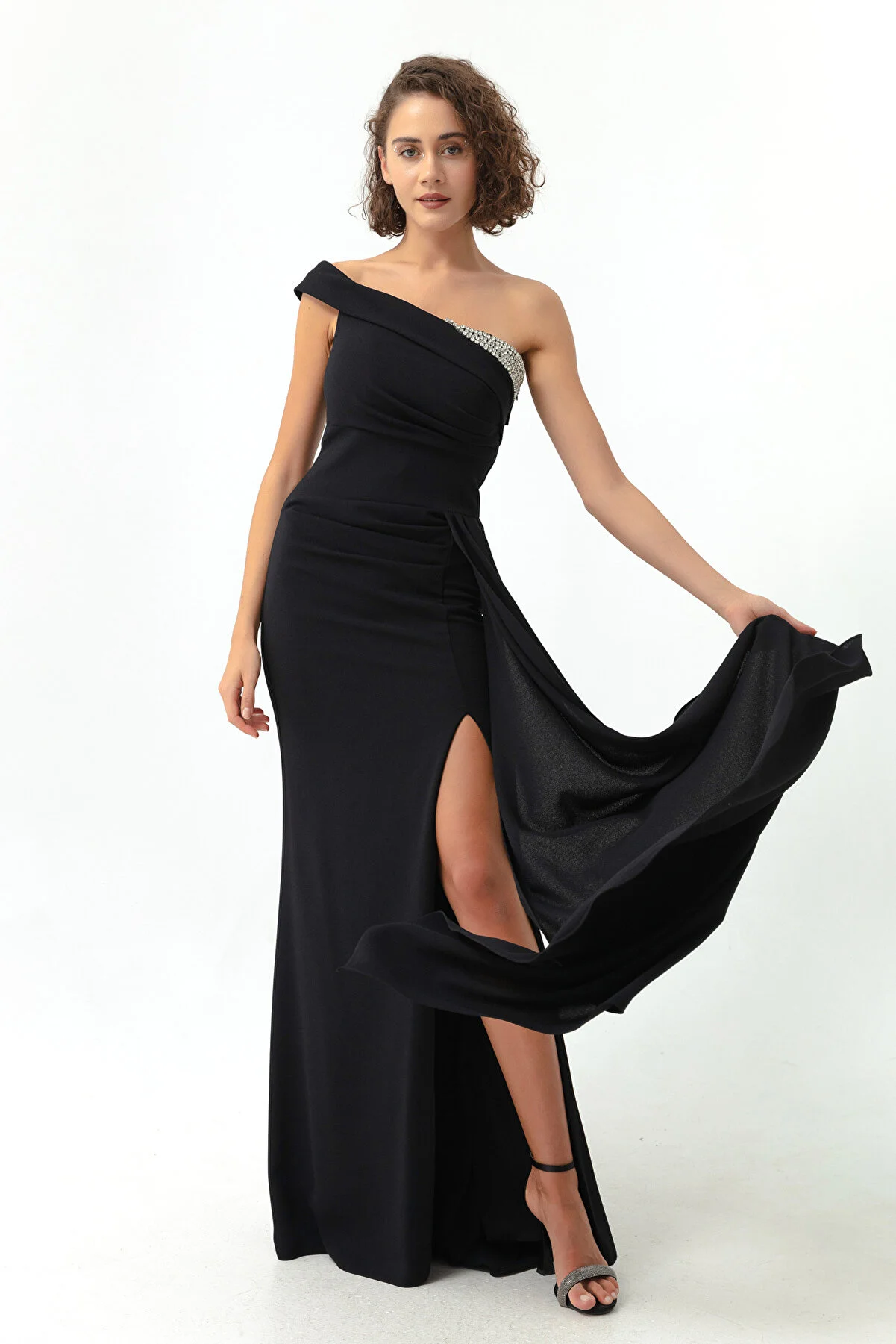 Lafaba  Schwarzes, schulterfreies, steinernes langes Abendkleid für Damen