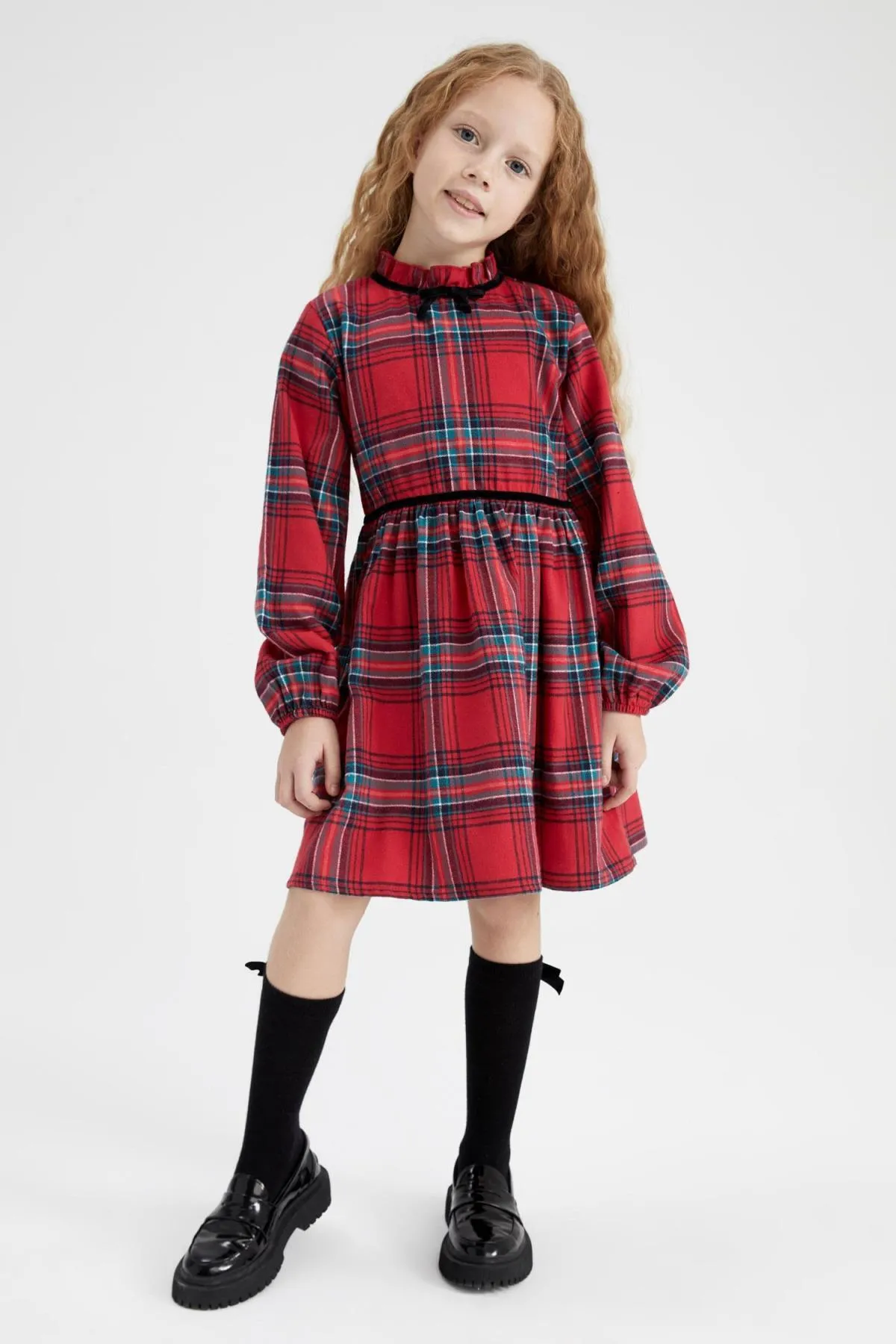 DeFacto  Kariertes Langarmkleid für Mädchen mit Neujahrsmotiv