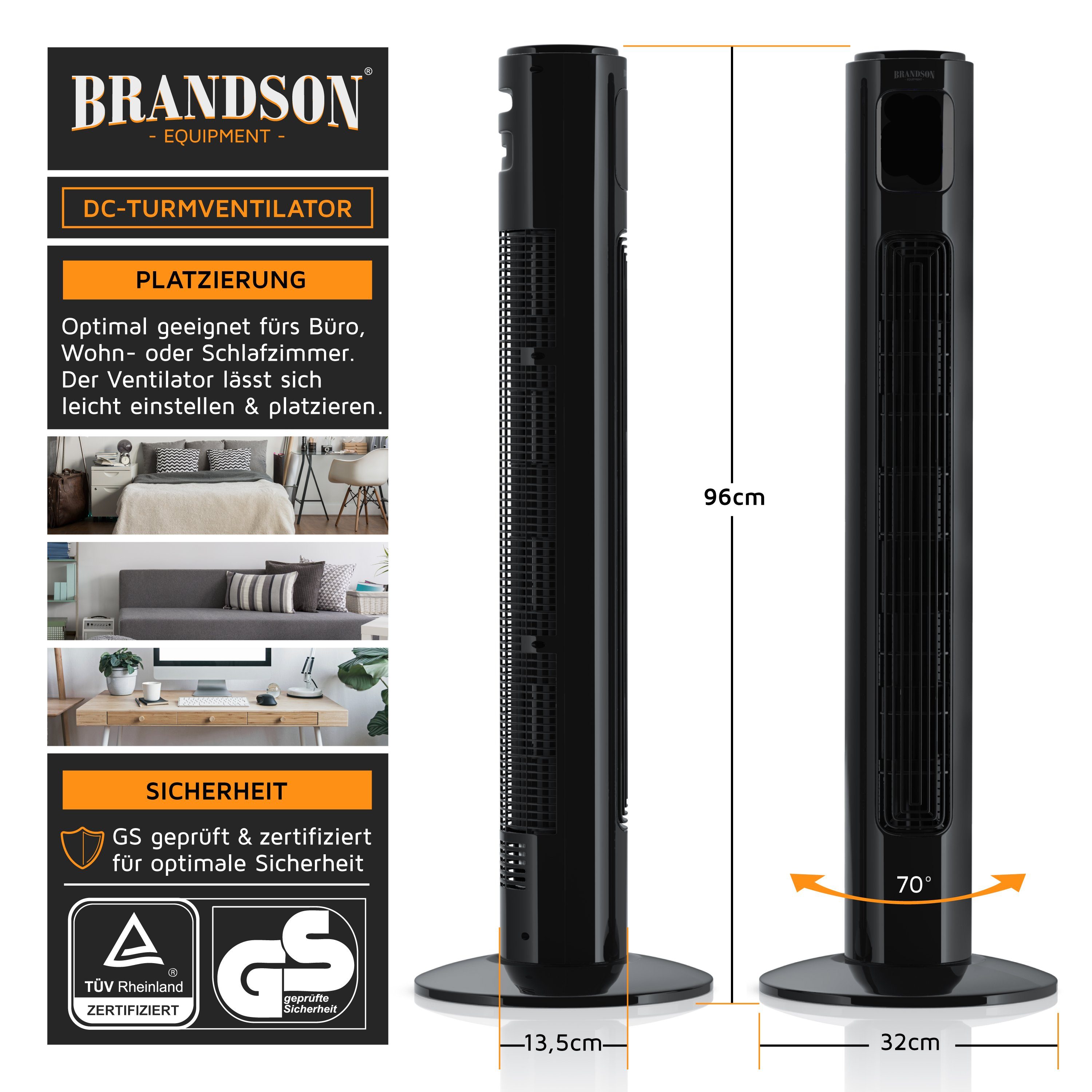 Brandson Turmventilator, 12 Geschwindigkeiten, DC, ECO, Timer, Oszillation, Fernbedienung