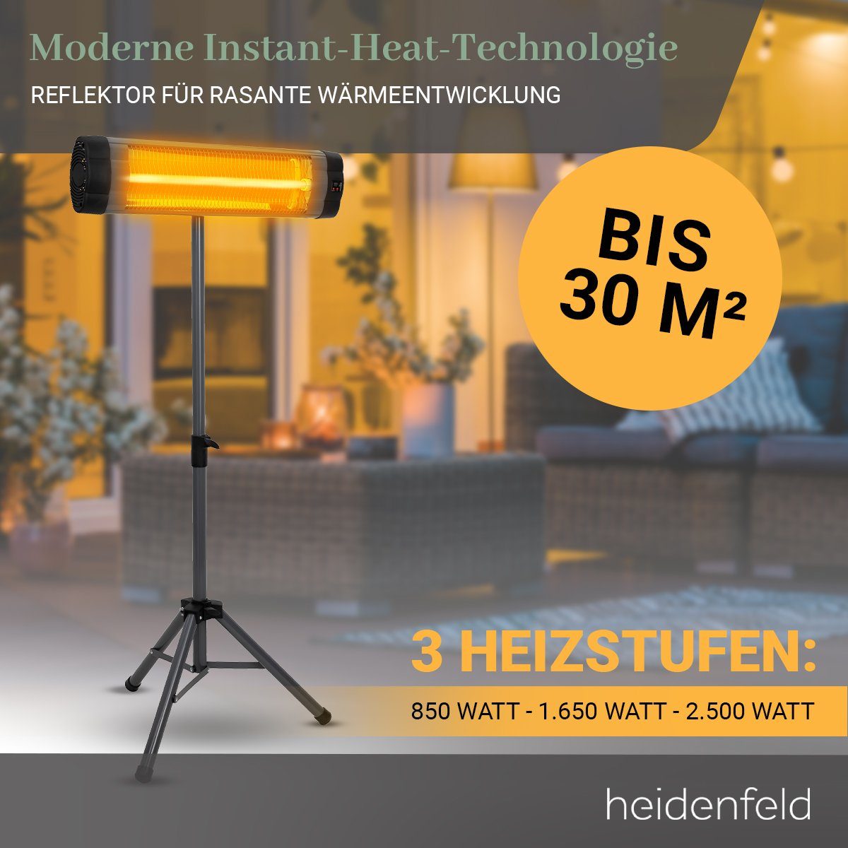 Heidenfeld Heizstrahler Elektro Infrarot Heizstrahler IH100 inkl. Stativ und Fernbedienung, 2500 W, Heizgerät Heizung Terrassenstrahler - 3 Heizstufen - 3 J. Garantie
