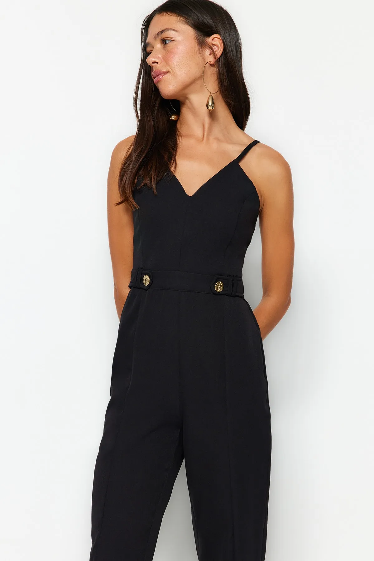 Trendyol Collection  Schwarzer Jumpsuit mit Knopfleiste TWOSS23TU00145
