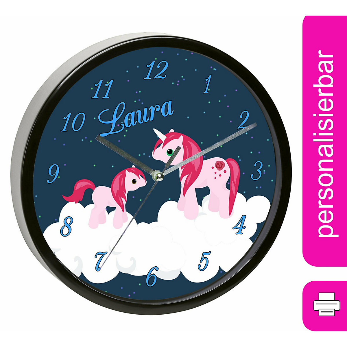 Kinder Wanduhr laufruhig personalisiert mit Name Einhorn
