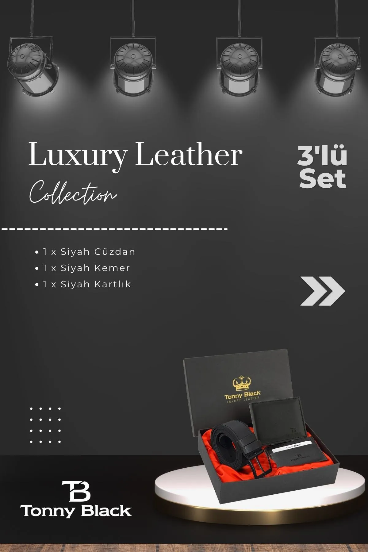 Tonny Black  Originales 3-teiliges Herren-Set in besonderer Geschenkbox, luxuriöses Geschenk für den Bräutigam, stilvoller Ledergürtel, Geldbörse und Kartenhalter