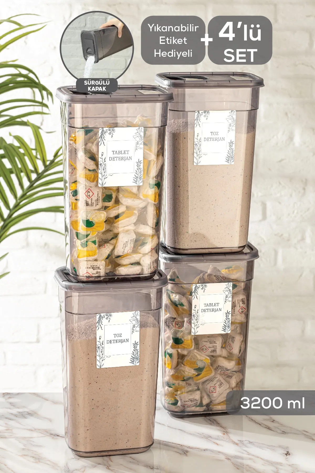 Meleni Home  4-teiliger Vega-Tablettenwaschmittel-Aufbewahrungsbehälter mit Schiebedeckel – beschriftete rechteckige Aufbewahrungsbox 4 x 3,2 Lt