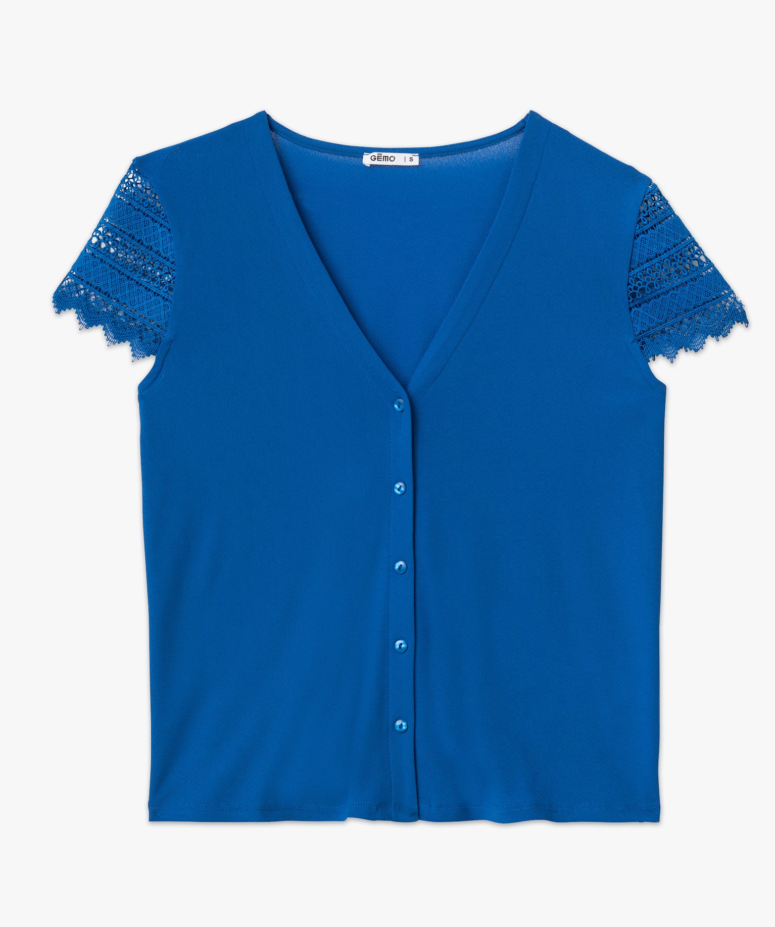Tee-shirt boutonné à manches courtes en dentelle femme bleu | GEMO