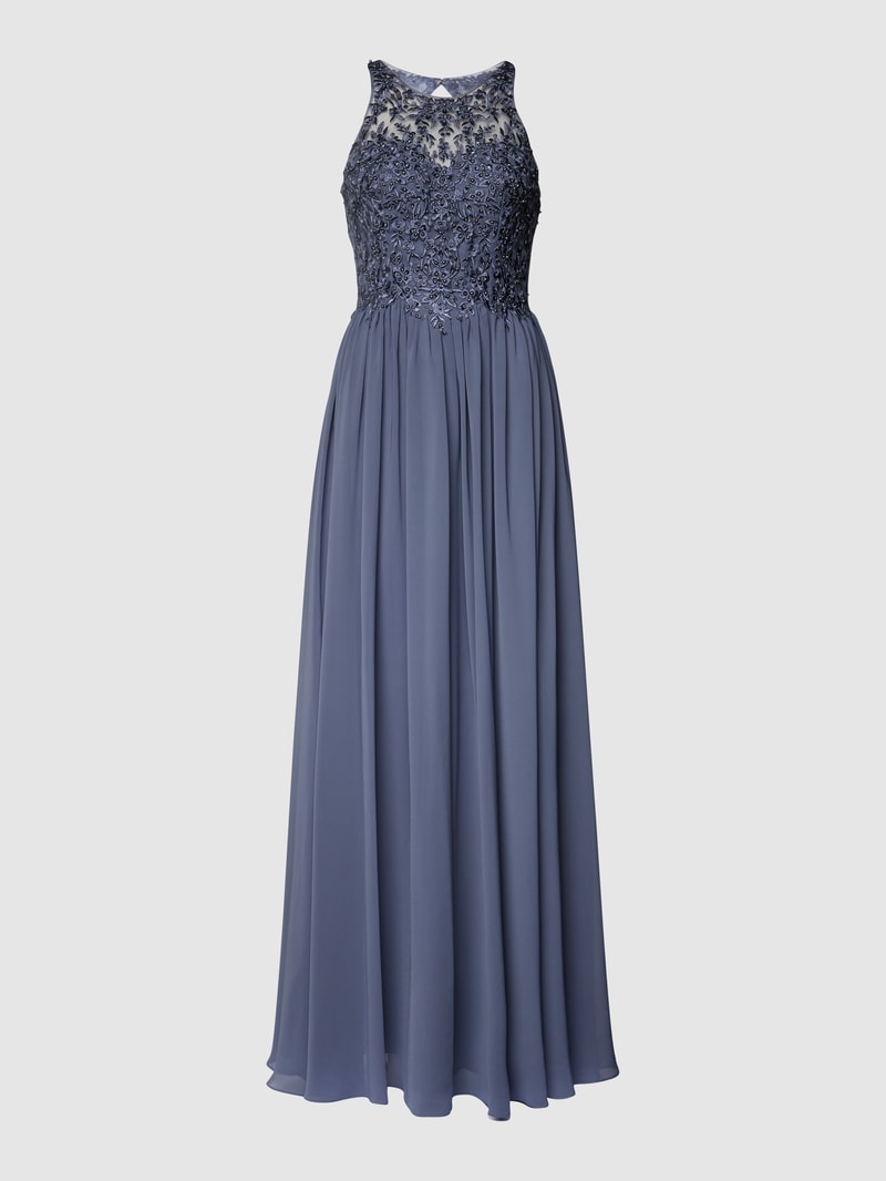 Abendkleid mit floralen Stickereien in rauchblau