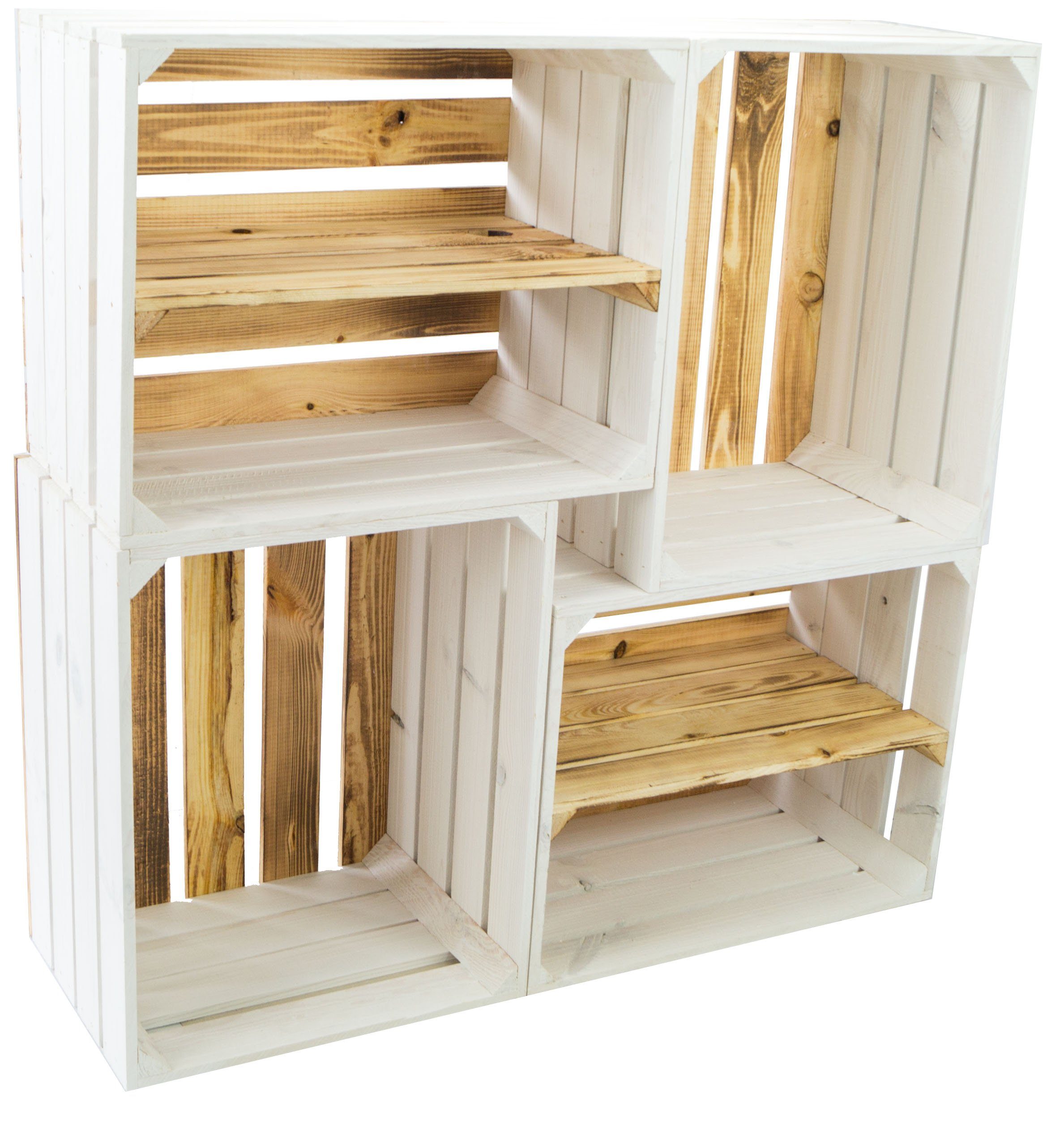 Kistenkolli Altes Land Allzweckkiste 4er set Holzkisten weiss geflammt Couchtisch Schuhregal Wohnwand Kiste
