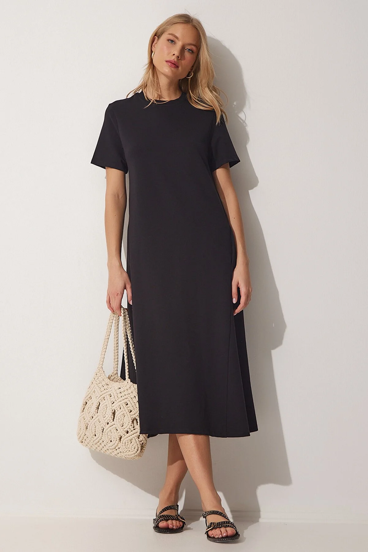 Happiness İstanbul  Schwarzes A-Linien-Sommerkleid für Damen aus gekämmter Baumwolle UB00060