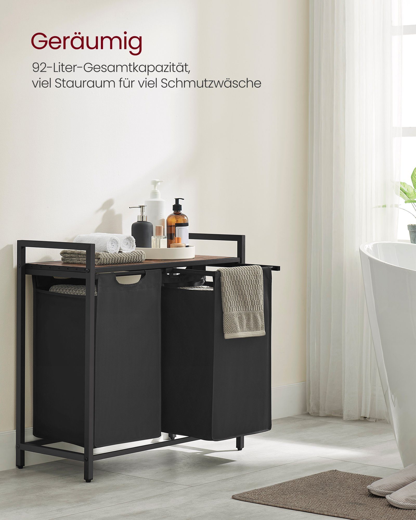 VASAGLE Wäschekorb, 2 Wäschesäcke aus Oxford-Gewebe, abnehmbar, 2 x 46 L