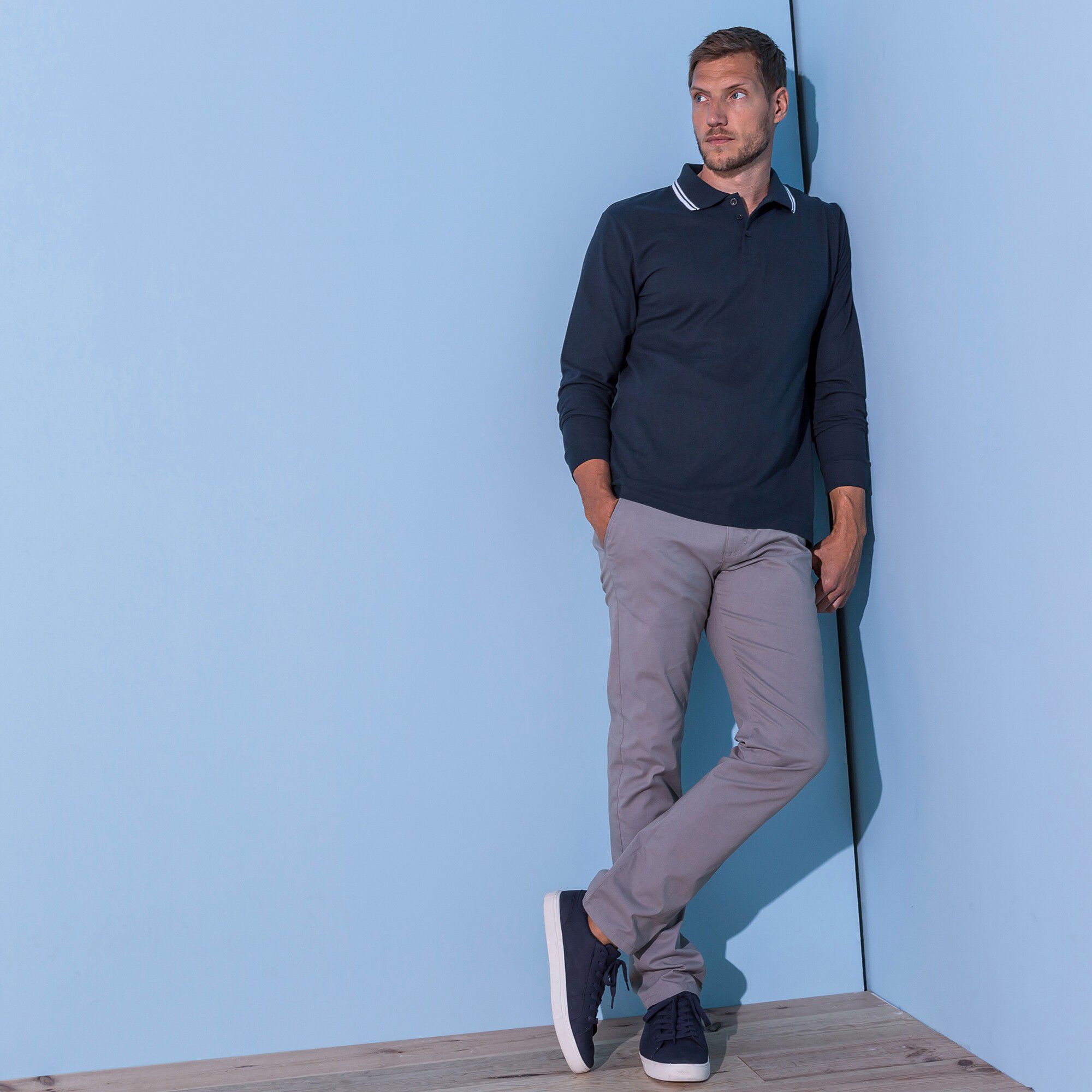 Polo uni maille piquée manches longues