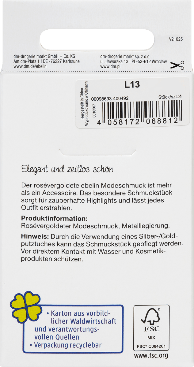 Ohrstecker rosévergoldeter Modeschmuck, 4 St