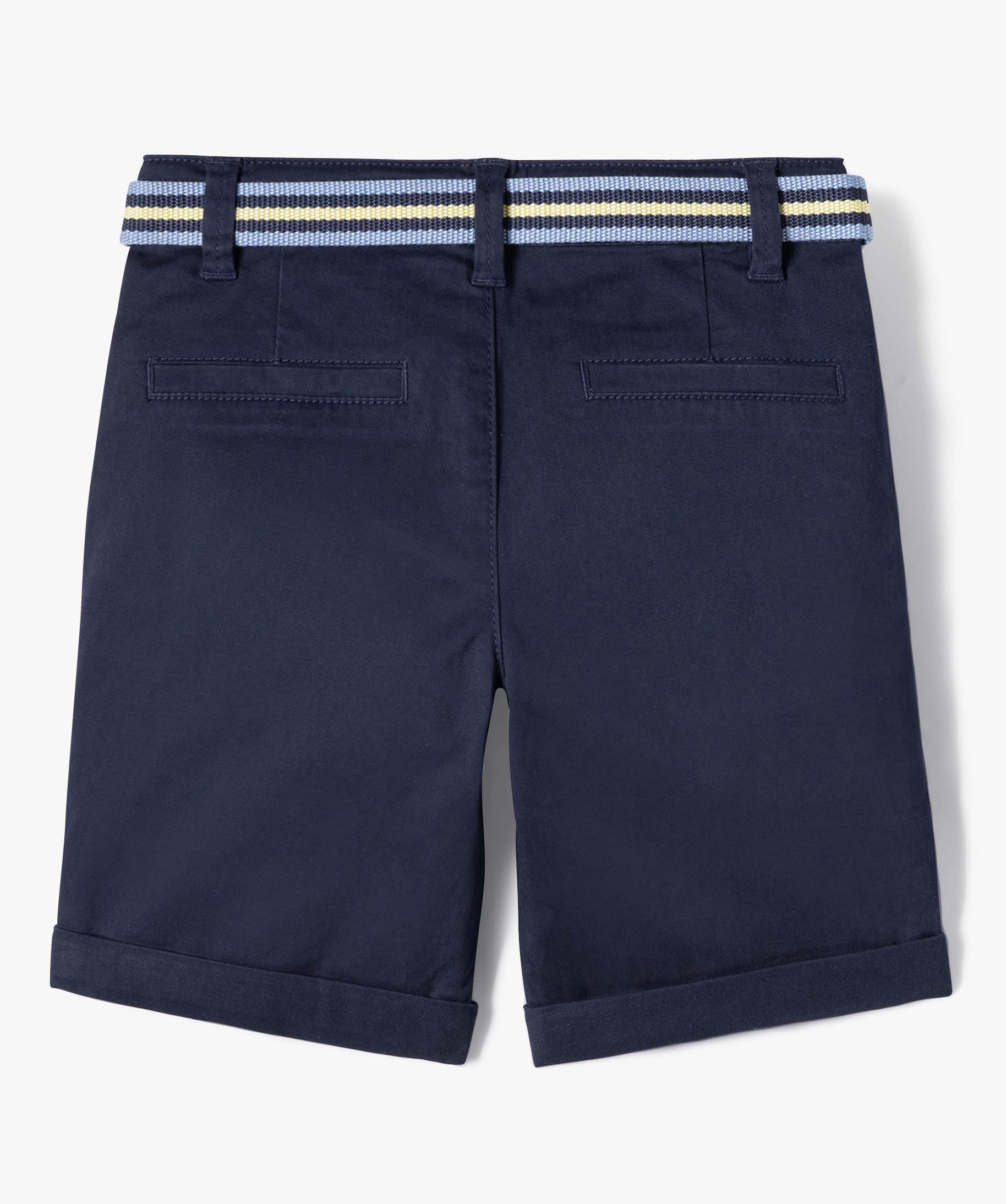 Bermuda Garçon en toile avec revers et ceinture tricolore marine | GEMO