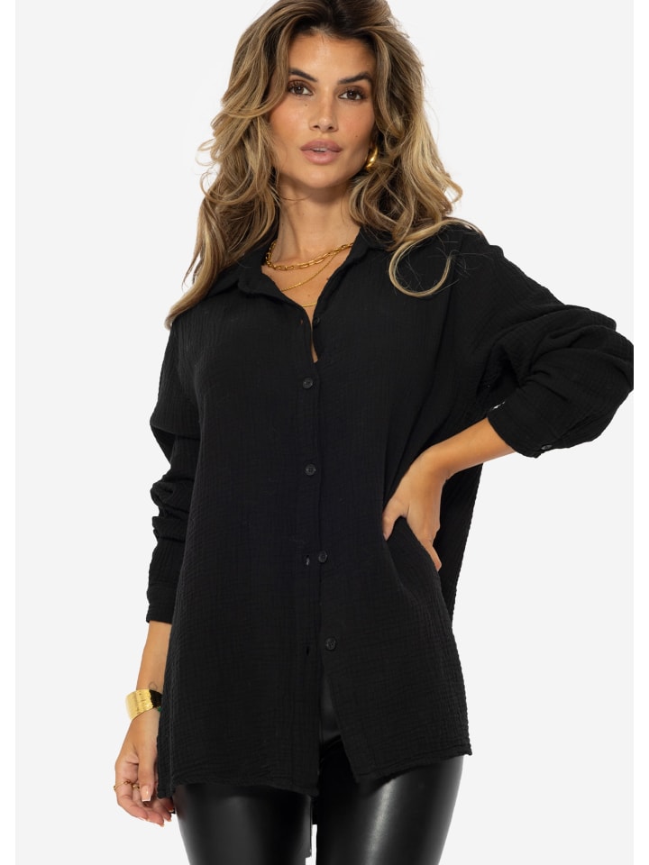 SASSYCLASSY Oversize Musselin Bluse in Schwarz günstig kaufen