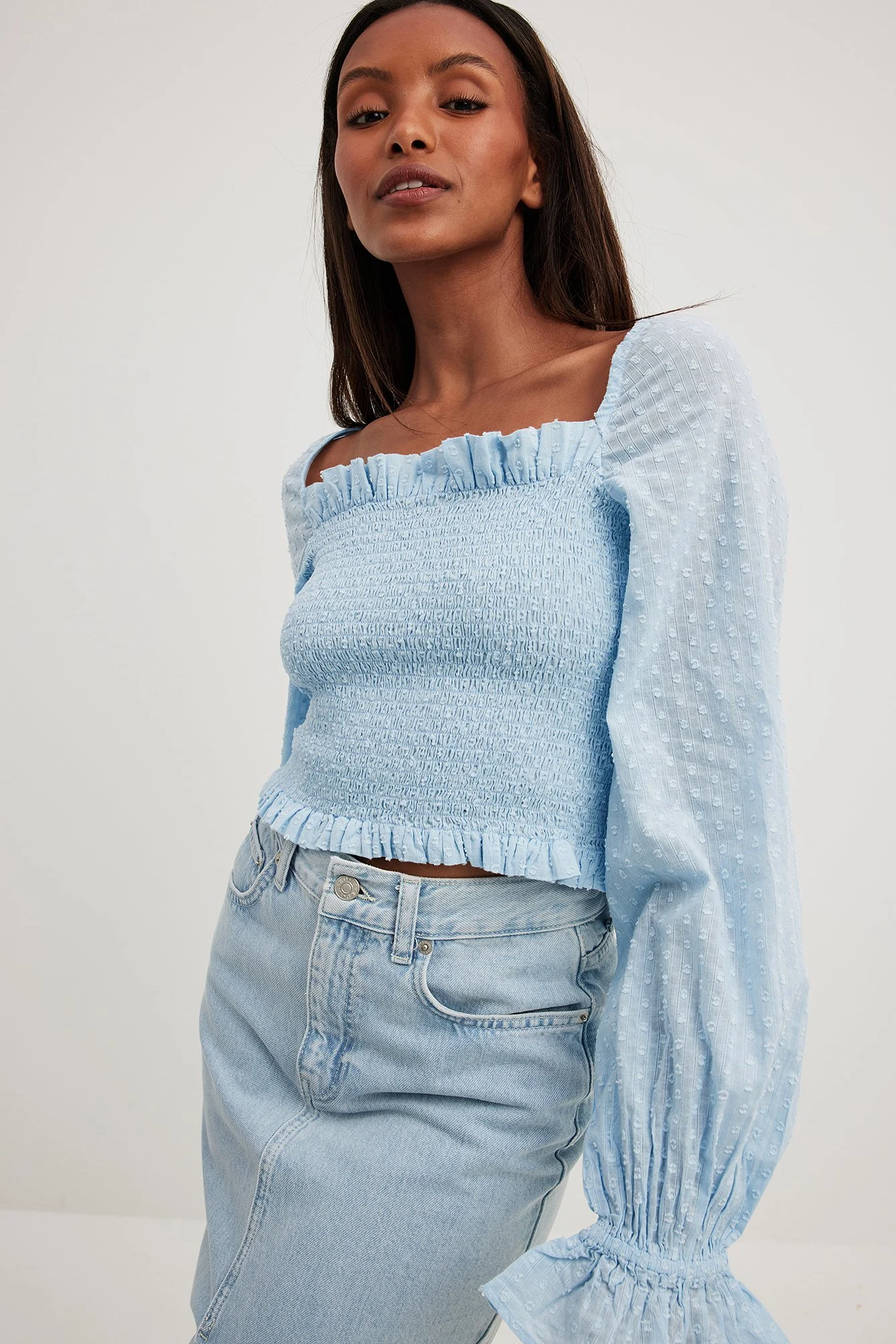Dobby-Bluse mit Puffärmeln