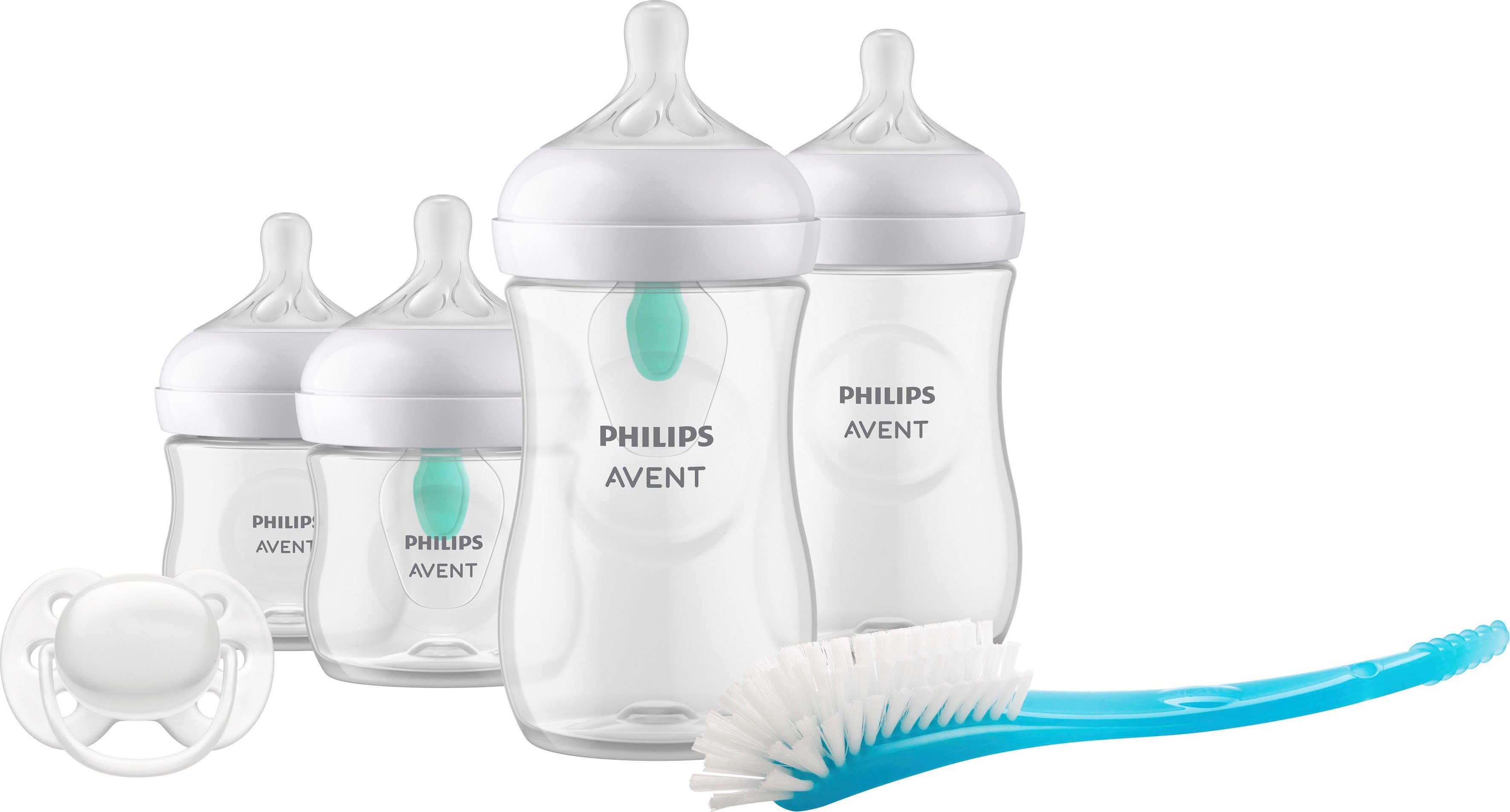 Philips AVENT Babyflasche Natural Response Flaschen-Set Air-Free Ventil SCD657/11, 4 Flaschen mit AirFree-Ventil, ultra soft Schnuller, Flaschenbürste