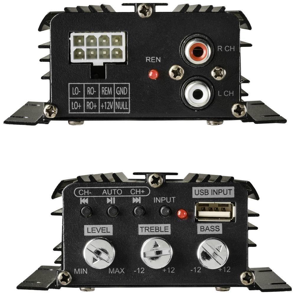 Renkforce 100 W 2-Kanal Auto-Verstärker Auto-Subwoofer (Bluetooth®-/USB-Audiowiedergabe, Lautstärke-/Bass-/Höhen-Regelung)