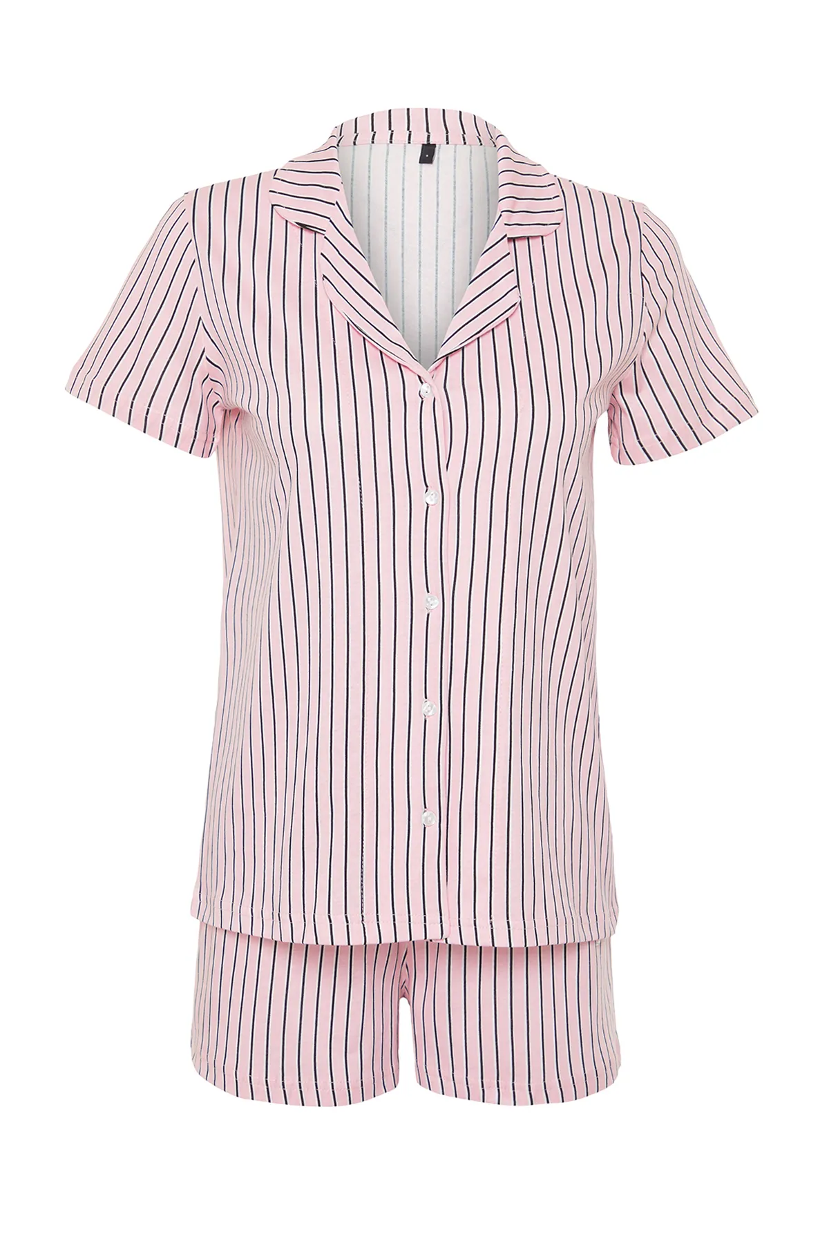 Trendyol Collection  Puderfarbenes, gestreiftes Strick-Pyjama-Set aus 100 % Baumwolle THMSS24PT00043