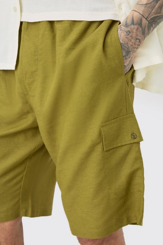 Tall lockere Leinen Cargo-Shorts mit elastischem Bund in Khaki