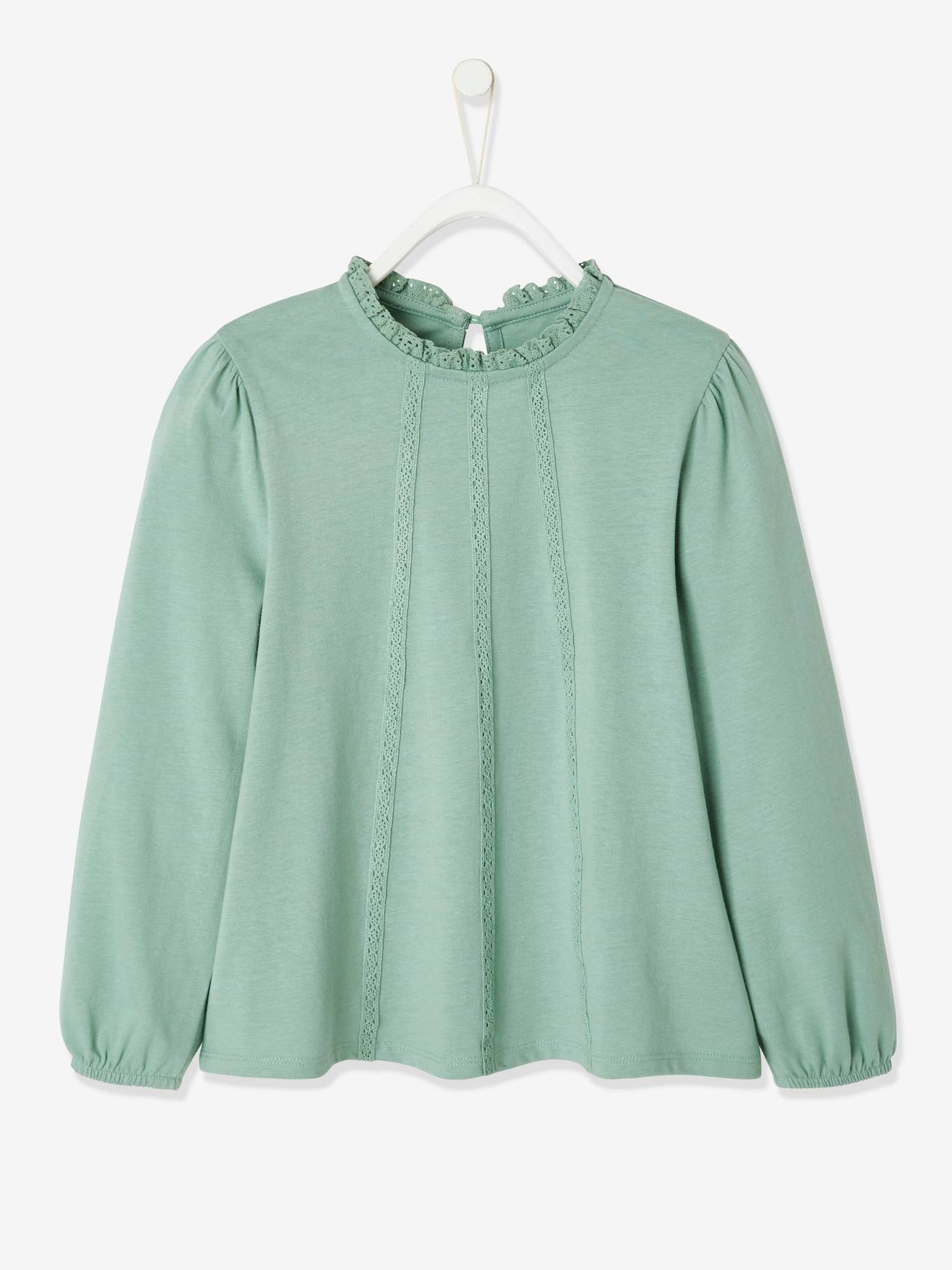 T-shirt blouse Basics fille détails en macramé vert clair uni